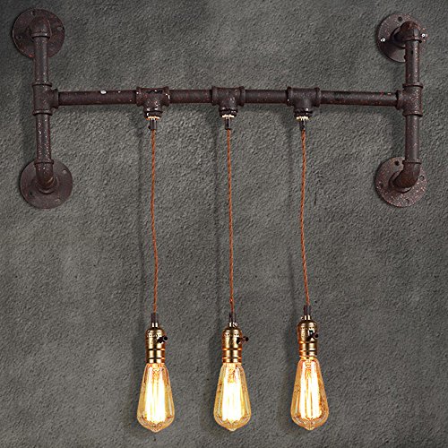 Industrial Hanging Pipe Wall Sconce - Litfad Rusted Iron 3-Light Vintage Pendant Light Fixture for Farmhouse, Loft & Industrial Decor | Wall Mounted Lighting for Living Room, Bedroom, Bar & Restaurant