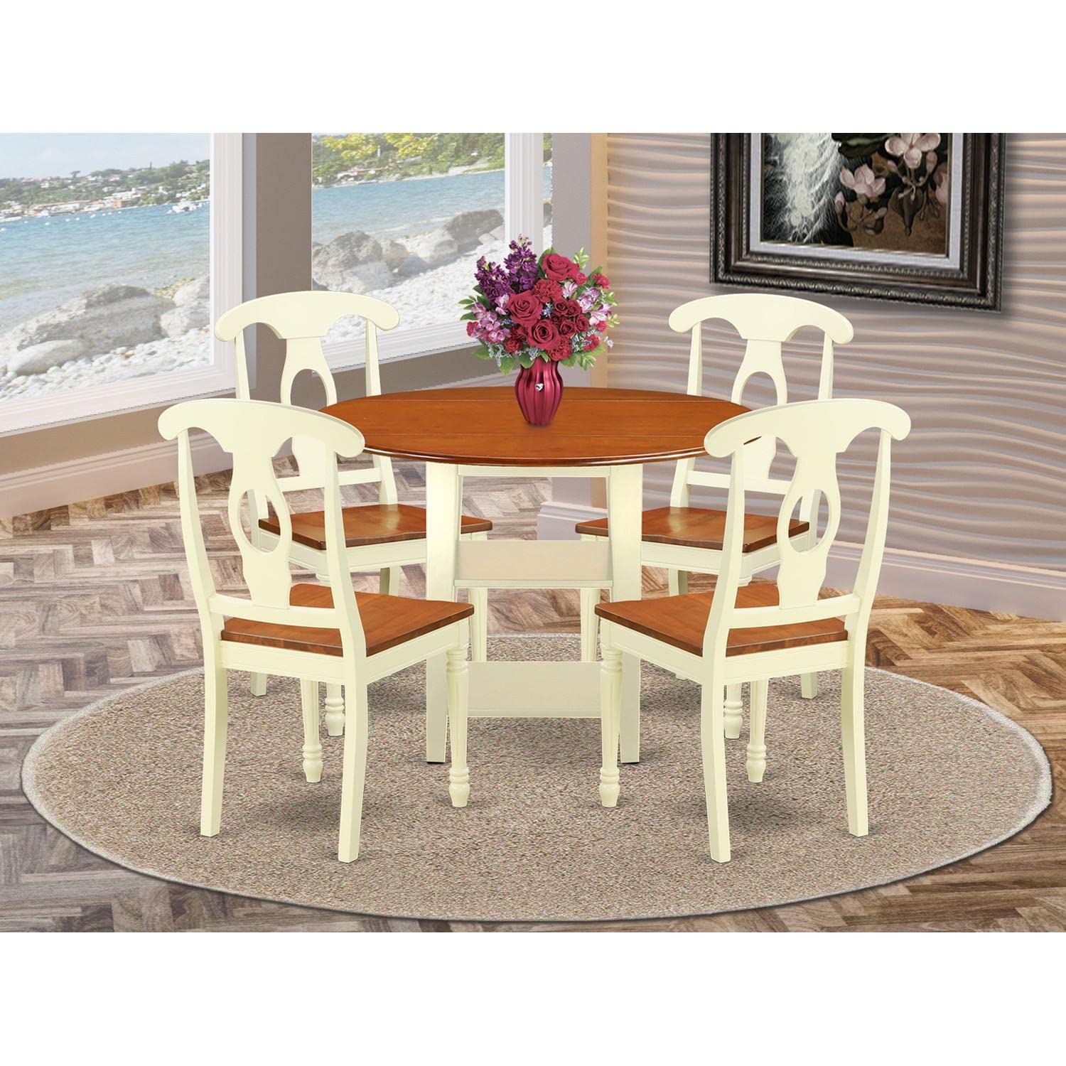 East West Furniture SUKE5-BMK-W 5-Piece Round Kitchen Dining Table Set with Drop Leaf & Storage Shelves - 42x42 Inch, Buttermilk & Cherry Finish - Seats 4, Perfect for Small Spaces, Breakfast Nooks & Cozy Family Meals