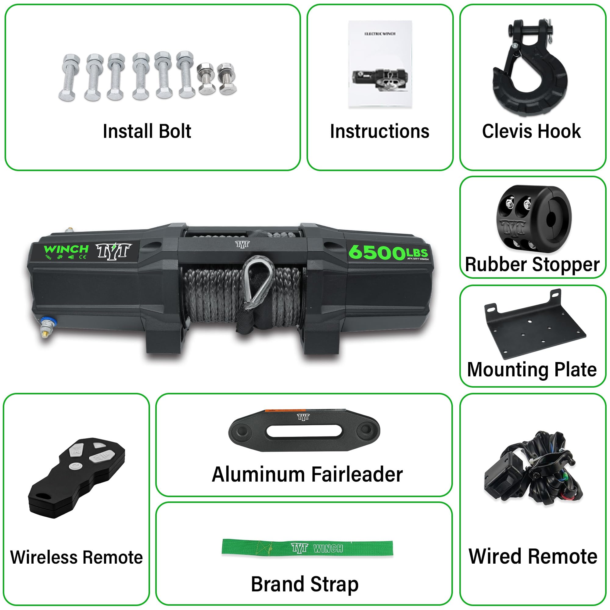 TYT 6500 lb UTV Winch Kit - 12V DC Electric Trailer Winch with Wireless Remote & Wired Switch, 1/4