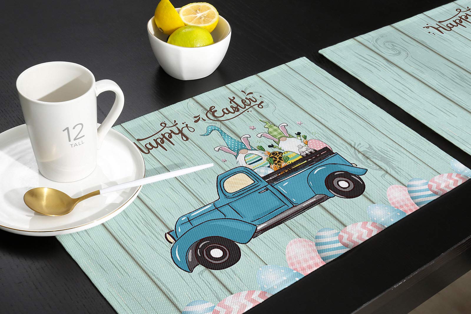 Easter Truck Placemats Set of 6 - Spring Gnome Rabbit Eggs Design, Cyan Wood Grain Insulated Non-Slip Kitchen Table Mats, Washable Dining Placemats for Easter Brunch, Holiday Decor & Family Gatherings