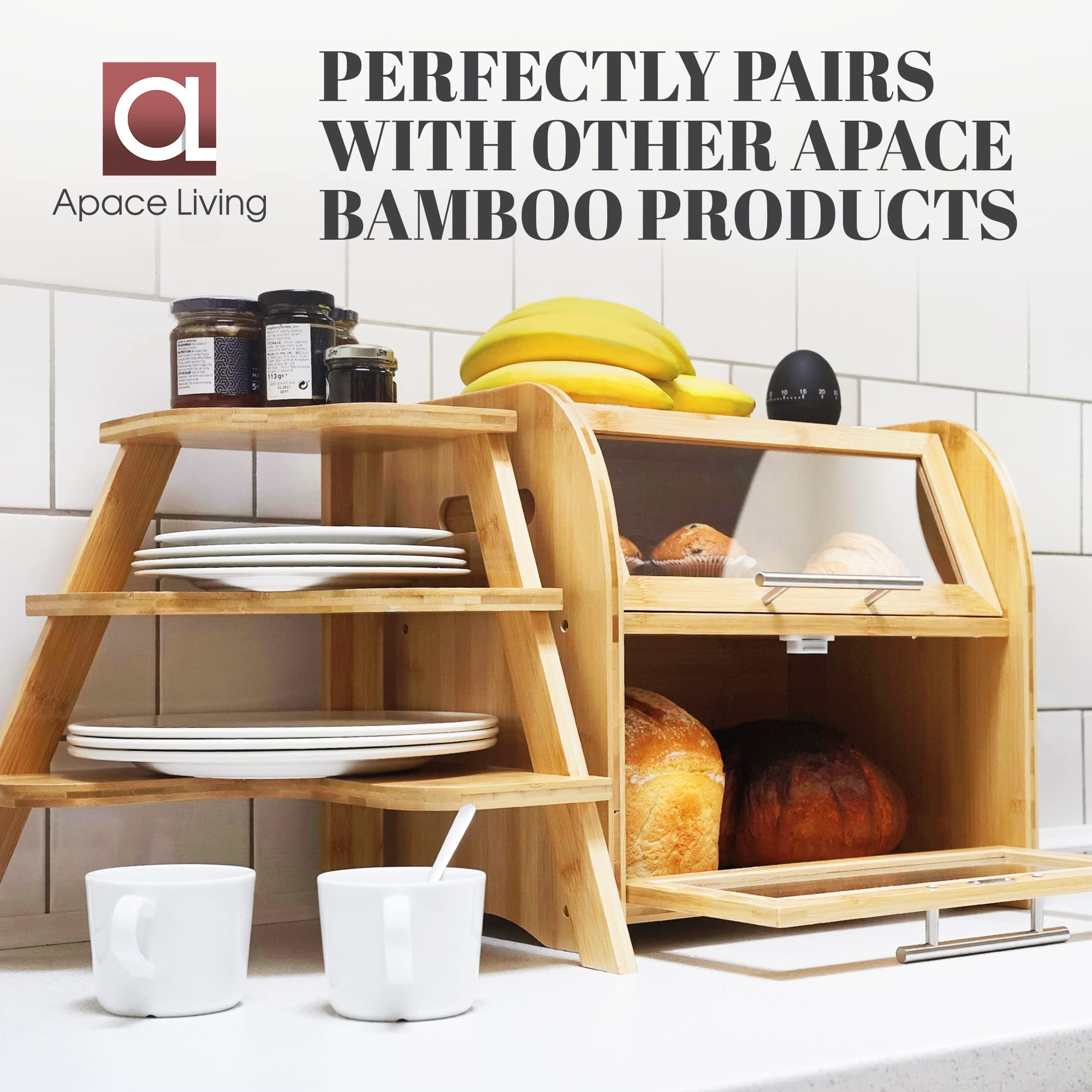 Stylish Bamboo Bread Box for Kitchen Countertop - Extra Large 2-Tier Wooden Bread Storage Container with Clear View Windows & Air Vents | Keeps Bread, Bagels, Rolls Fresh Longer | Easy Assembly | Perfect for Home Bakeries, Restaurants & Cafés