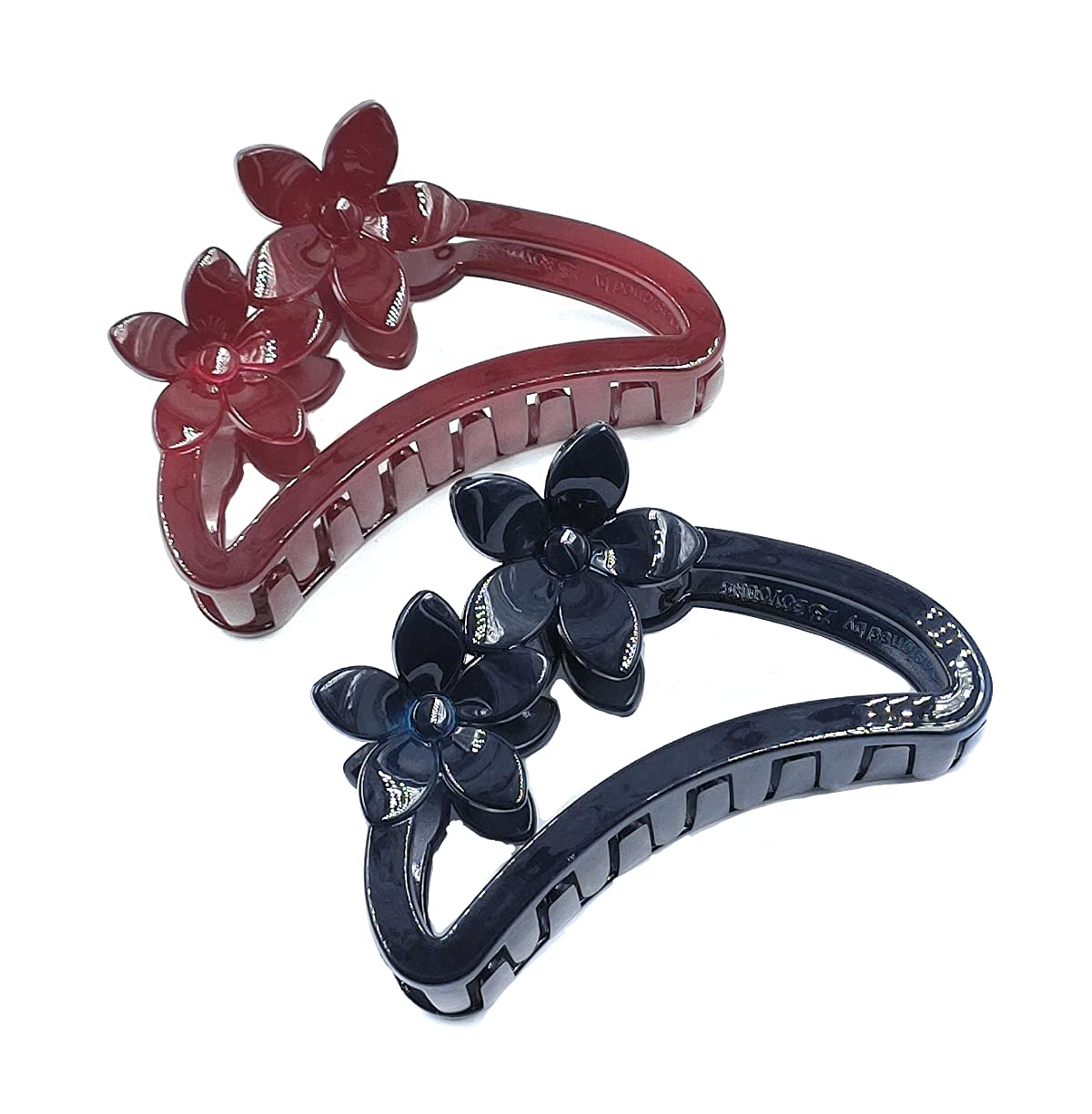 Korean D-Shape Floral Hair Clips for Women & Girls - High Grip Hair Claw Clutcher (Set of 2, 9cm, Red & Navy Blue) | Perfect for School, Work, Weddings & Everyday Hairstyles
