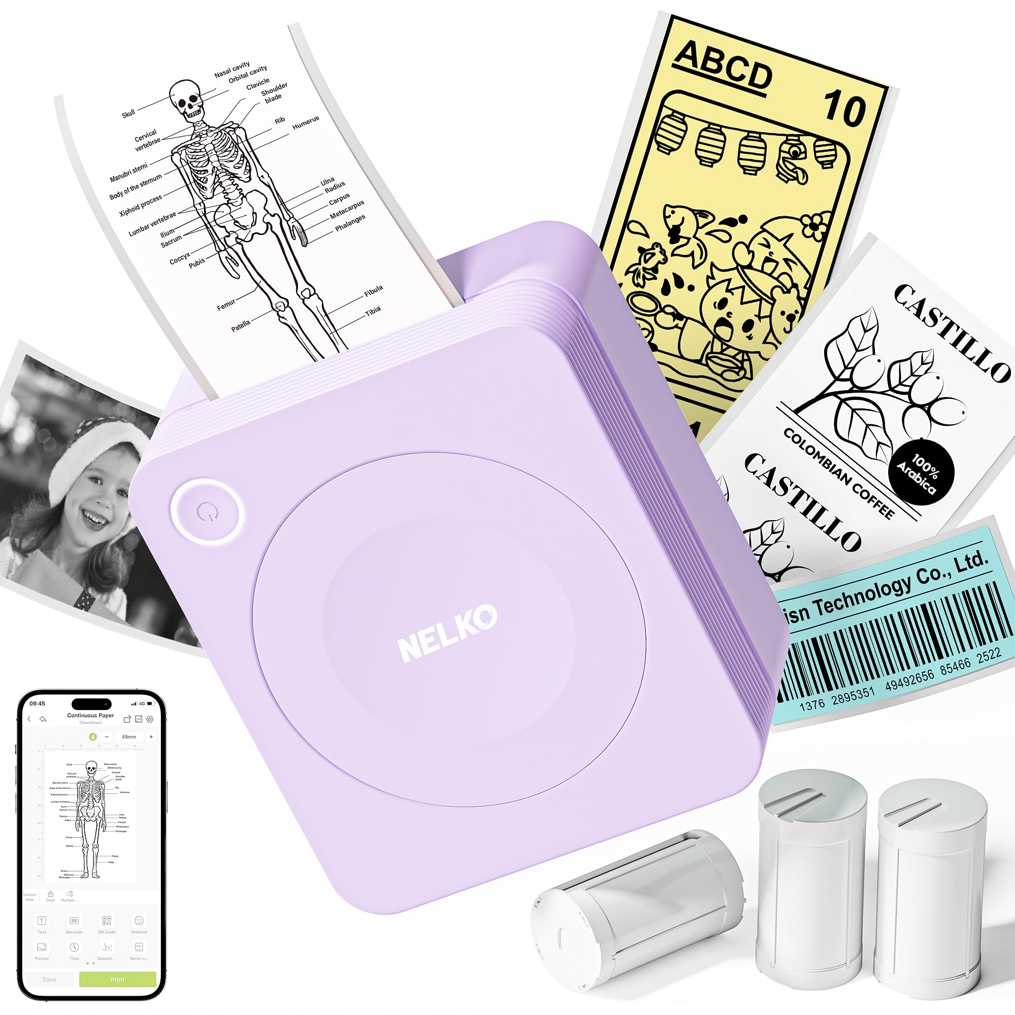 Nelko PM230 Print Pod Mini Bluetooth Sticker Printer - Portable Label Maker with 3 Rolls Paper & Multiple Templates for Phone, Tablet (Purple, 1 Pack) - Perfect for DIY Crafts, Scrapbooking & Home Organization