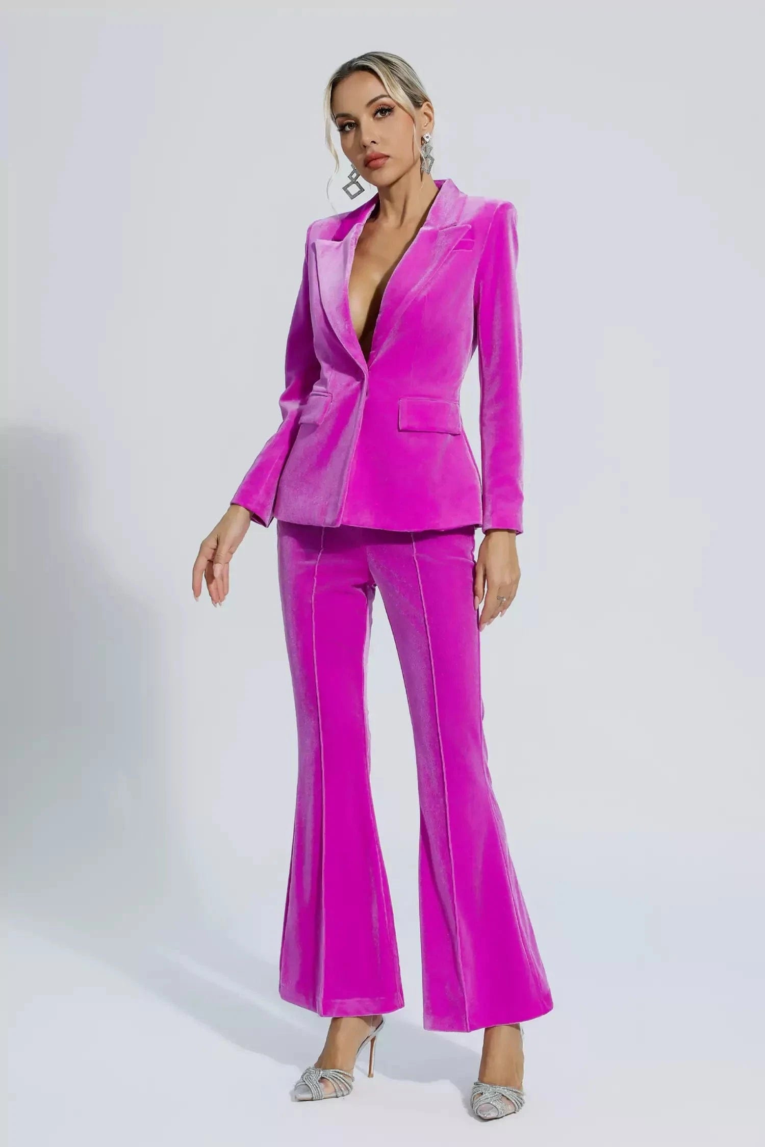 Fuchsia 2-Piece Velvet Single Button Slim Fit Women's Business Suit Set - Perfect for Office Wear, Formal Events & Professional Occasions