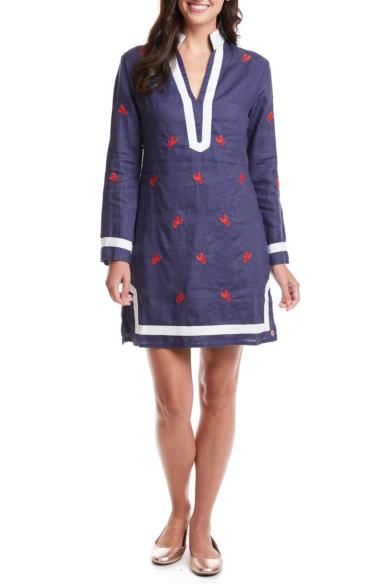 Women's Navy Blue Linen Tunic Dress with Lobster Print - Casual Summer Beachwear & Boho Style Outfit for Vacations