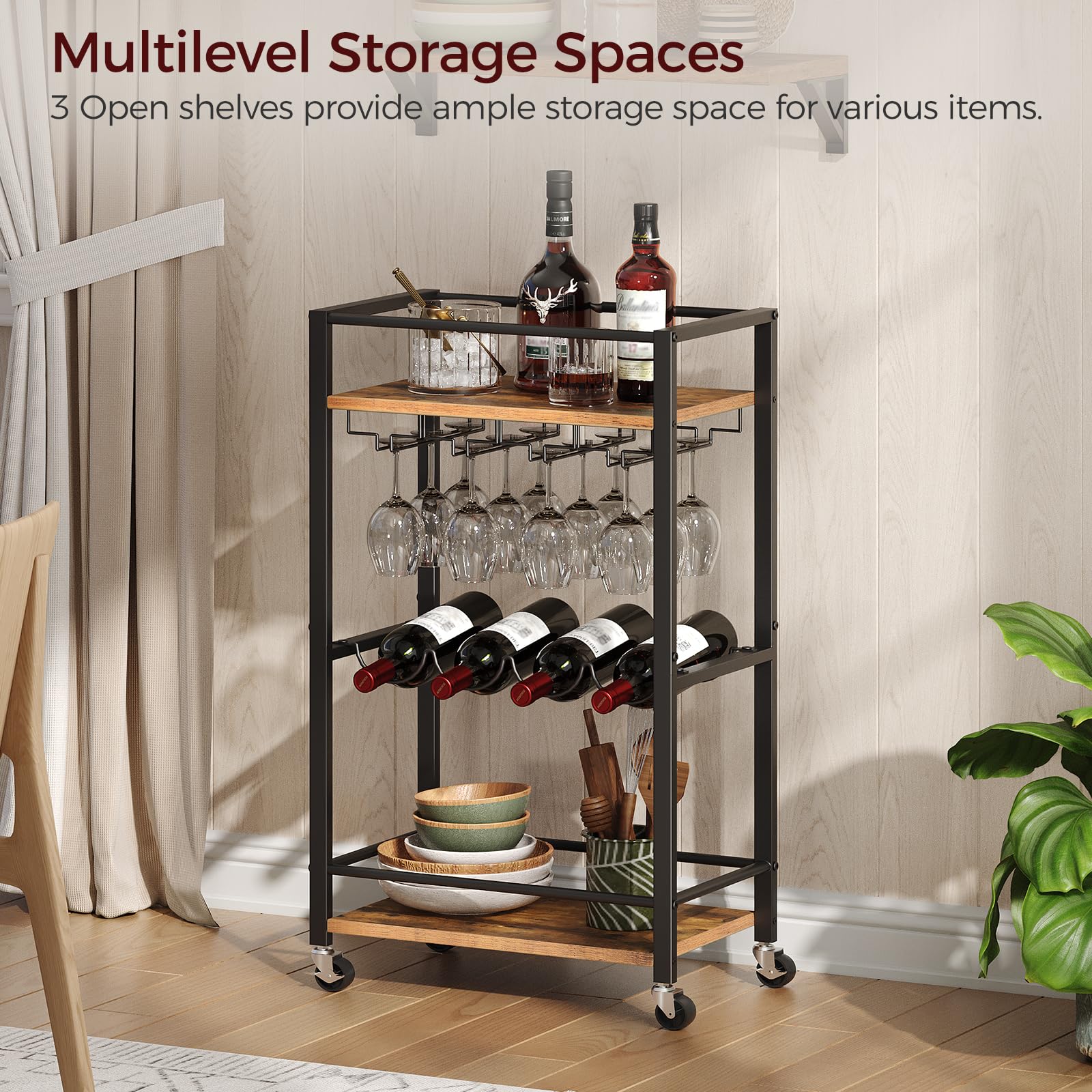 3-Tier Rustic Brown Bar Cart with Wine Rack & Glass Holders - Mini Rolling Serving Cart for Kitchen, Dining & Living Room - Perfect for Home Entertaining, Wine Storage & Space-Saving Organization (Model RCHR9301)