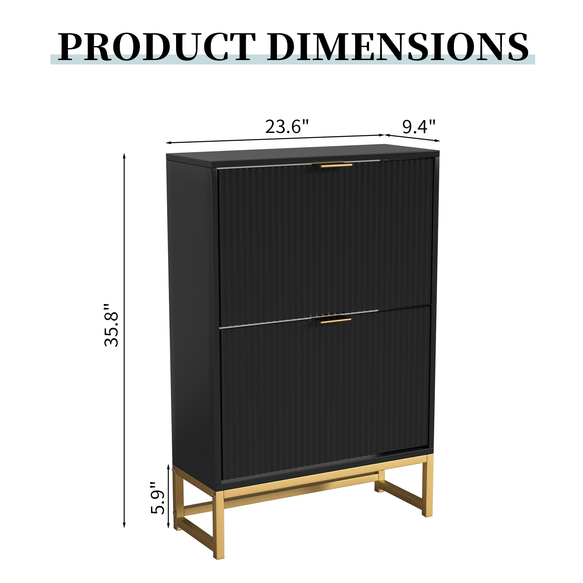 Modern Wooden Shoe Storage Cabinet with 2 Flip Drawers & Metal Legs - Freestanding Fluted Shoe Rack Organizer for Entryway, Hallway, Closet (Black, 35.8