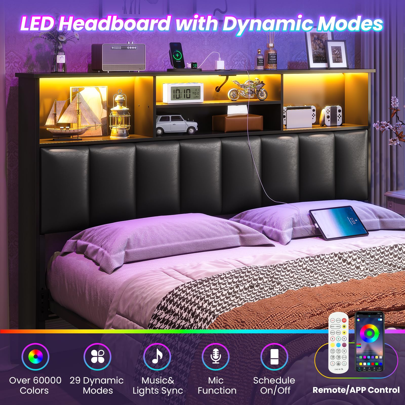 MSmask Upholstered Queen Size Bookcase Headboard with Charging Station & LED Lights - Modern Storage Headboard with Bed Frame Adapter, Black - Perfect for Bedroom Upgrade & Nighttime Reading