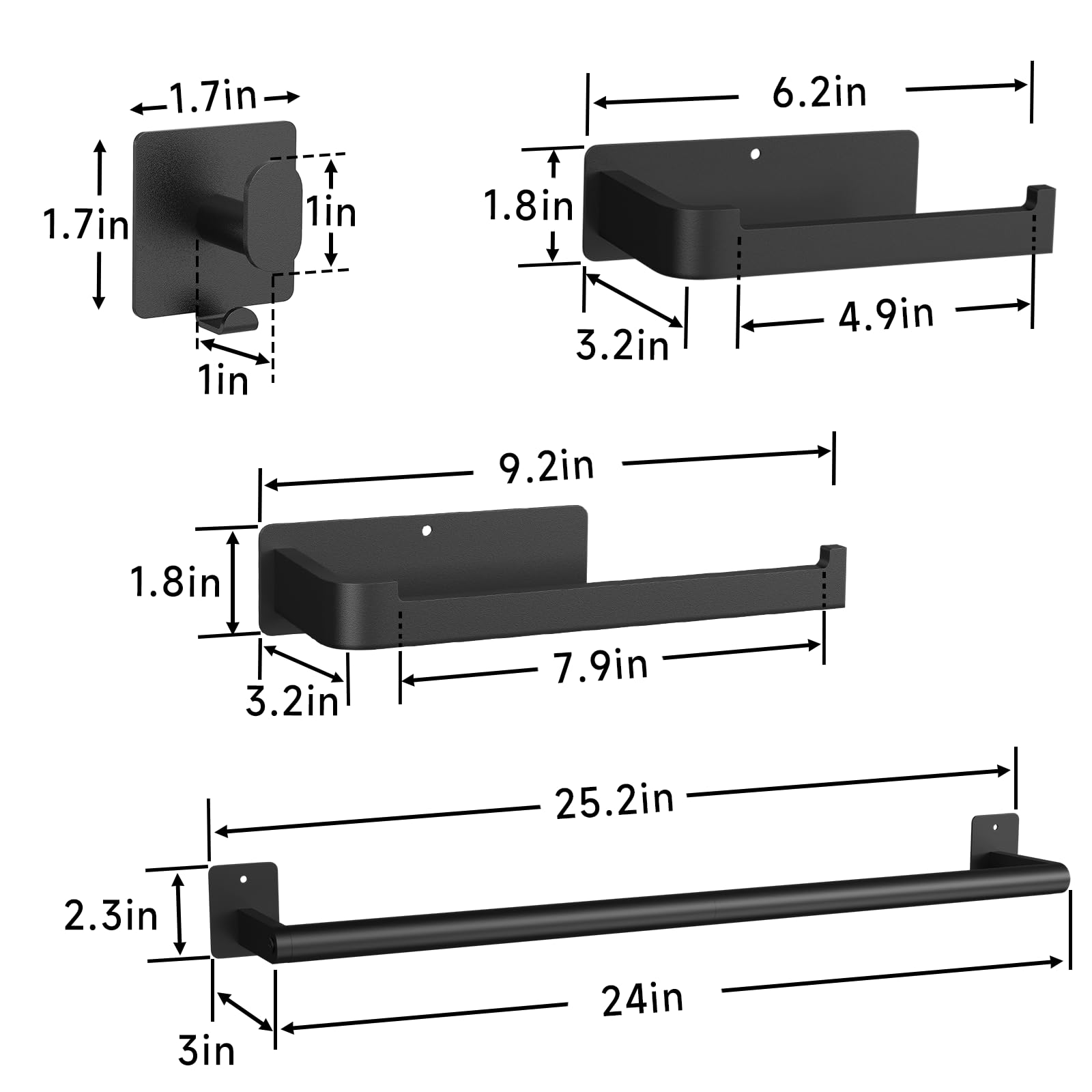 7PCS Matte Black Bathroom Hardware Set - 24IN 304 Stainless Steel Towel Bar & Holder for Modern Bathrooms | Durable & Rustproof Shower Accessories for Home & Hotel Use