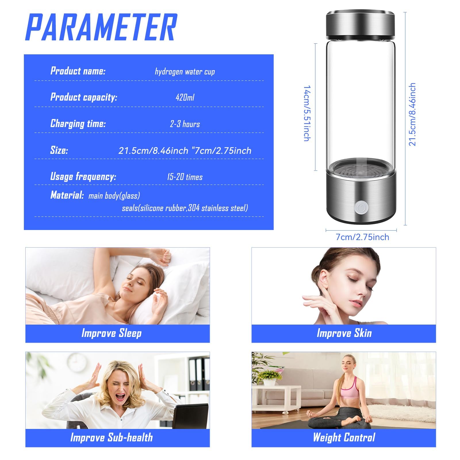 Premium SPE PEM Hydrogen Water Bottle Generator - Portable Hydrogen Water Ionizer Machine for Home, Office & Travel - Fast 3-Minute Hydrogen-Rich Water for Hydration, Detox & Wellness (Sliver-1200Pbb) - Ideal for Gym, Hiking & Daily Health Routine