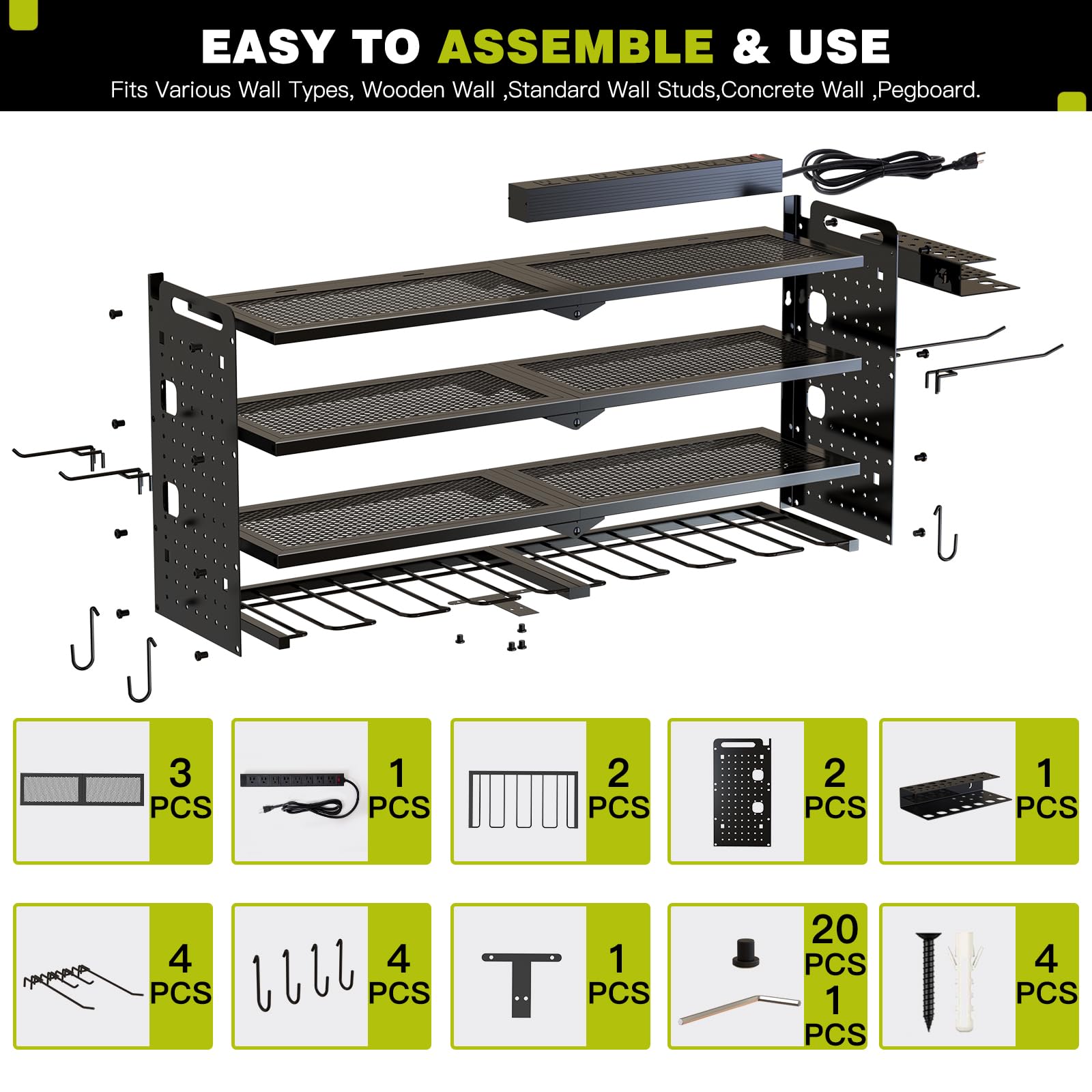 Wall Mounted Power Tool Organizer with Charging Station - 8 Drill Holder & 4 Layer Storage Rack for Garage Organization - Includes 8 Outlet Power Strip (Black) | Perfect for Workshop, Garage & DIY Projects
