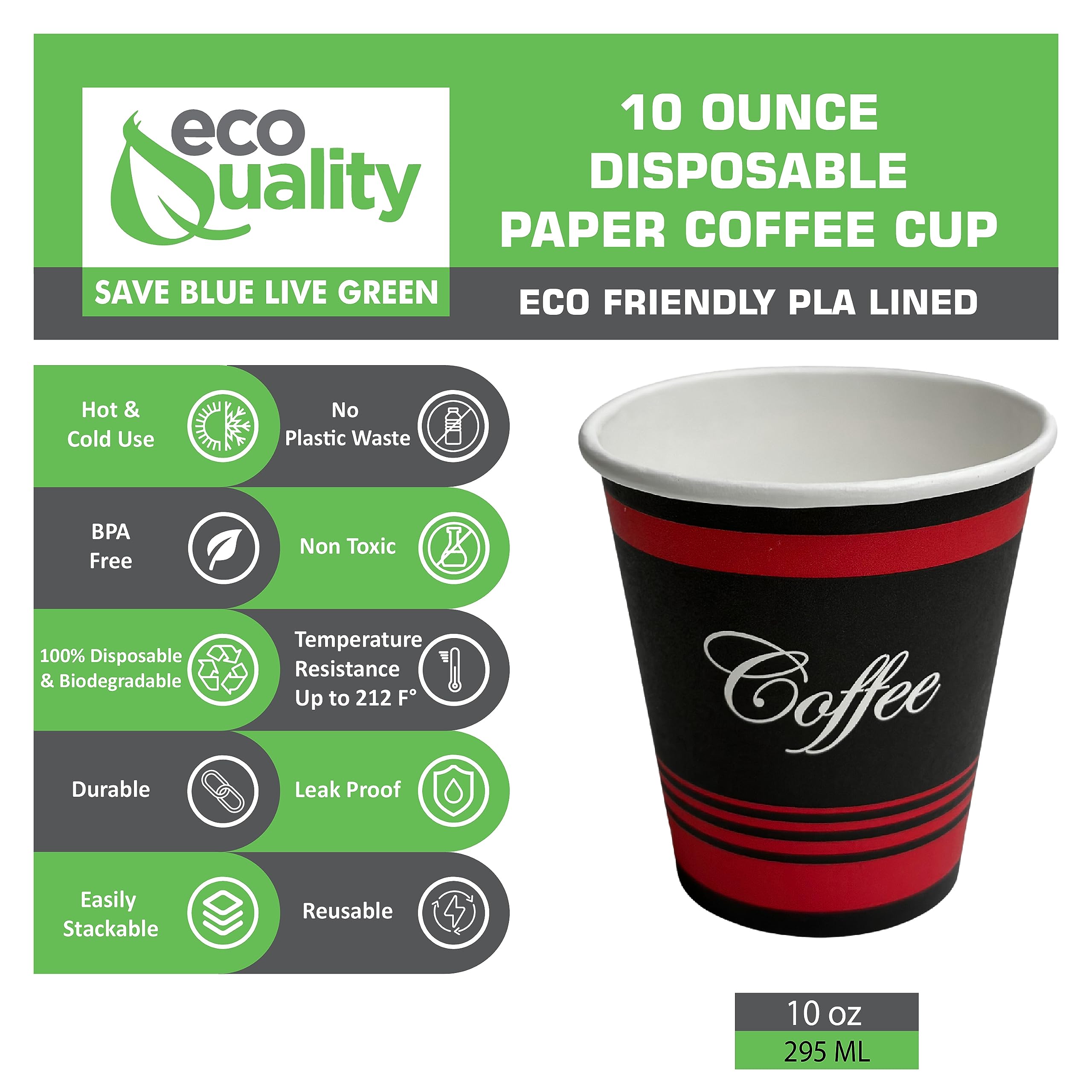 EcoQuality 10oz Disposable Paper Coffee Cups - 1000 Pack, Hot & Cold Drink Cups for Coffee, Tea, Cocoa, Hot Chocolate - Durable, Leak-Proof, BPA-Free - Perfect for Office, Travel, Home, Cafes, and Takeout (10 Ounce - 1000 Count)