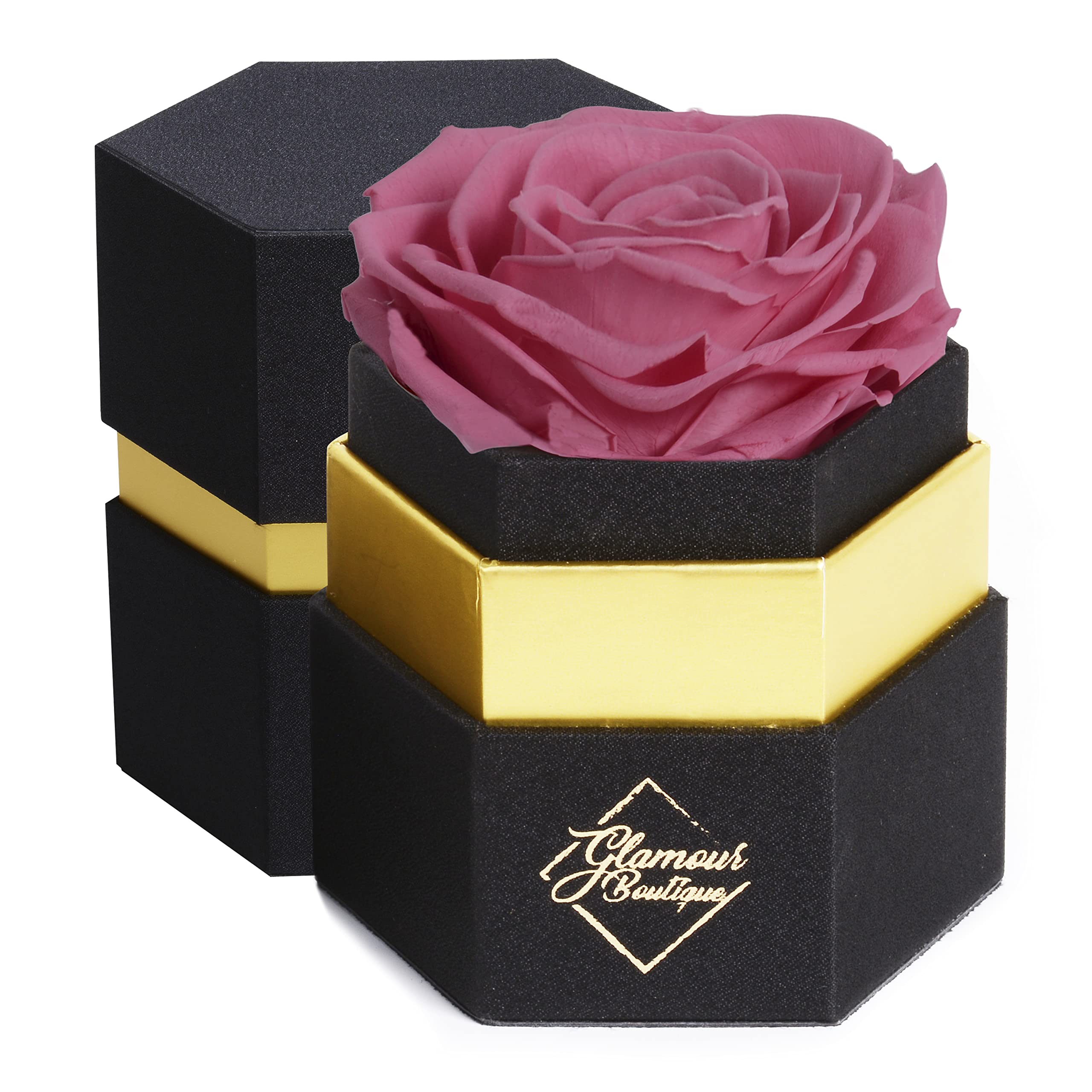 Hexagon Single Rose Forever Box - Preserved Roses in a Box That Last 1 Year, Eternal Rose Gift for Anniversary, Valentine's Day - Pink Preserved Flower for Home Decor, Wedding Centerpiece, Romantic Gift Idea