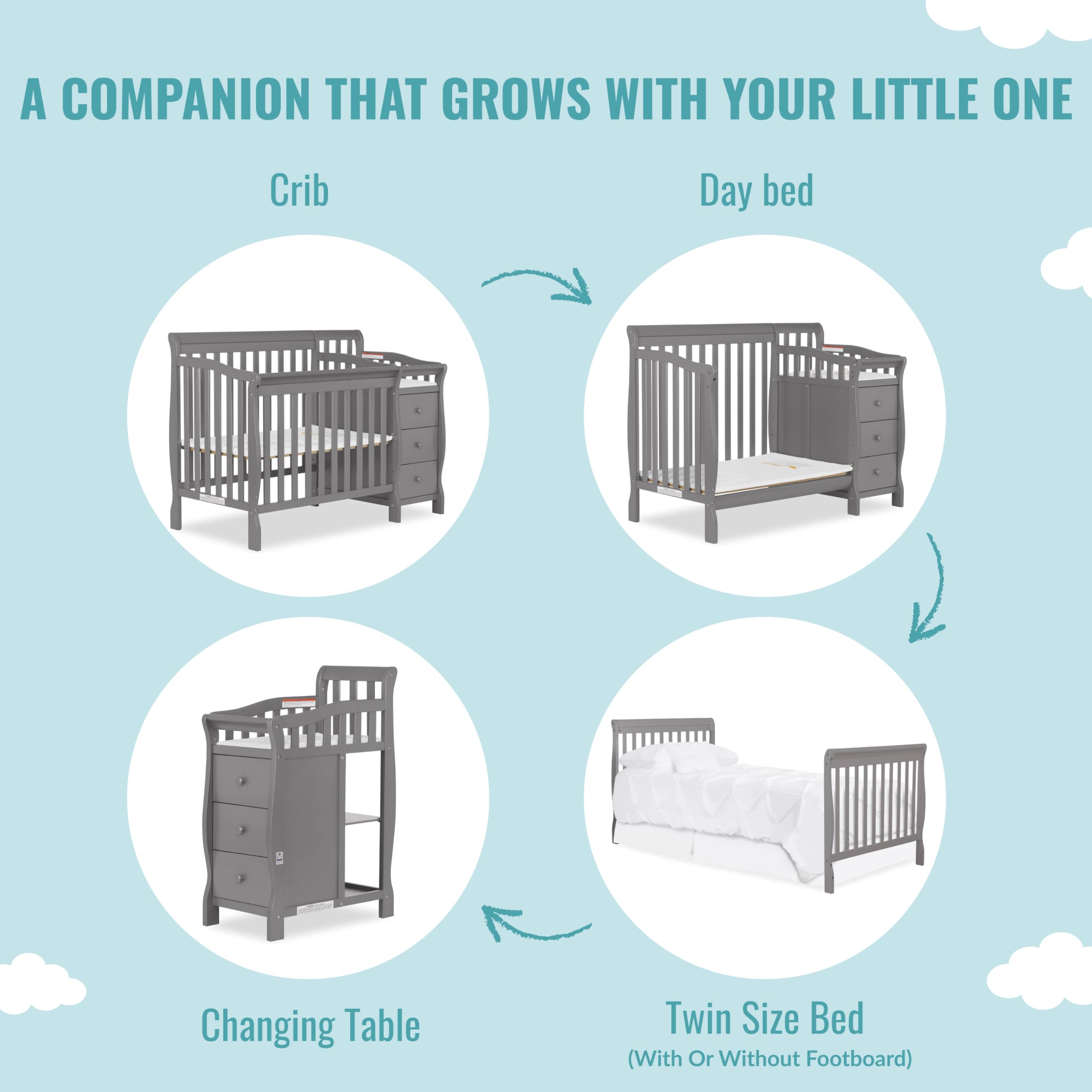 **Dream On Me Jayden 4-in-1 Convertible Mini Crib & Changer – Storm Grey, GREENGUARD Gold Certified, Non-Toxic New Zealand Pinewood, 1