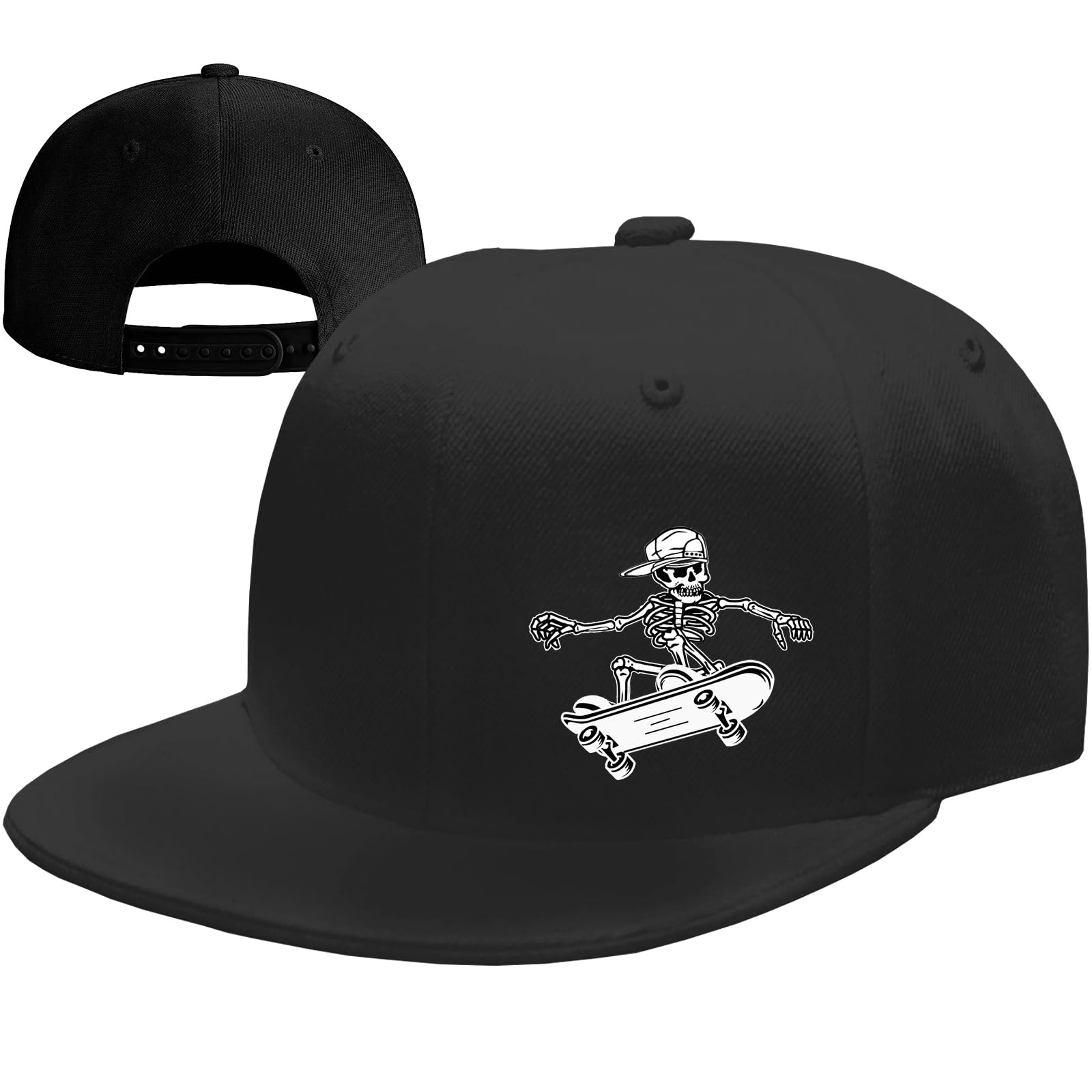 Men's Snapback Hats - Black Flat Bill Skull Baseball Cap with Adjustable Strap | Stylish Streetwear for Casual Outfits & Sports Events