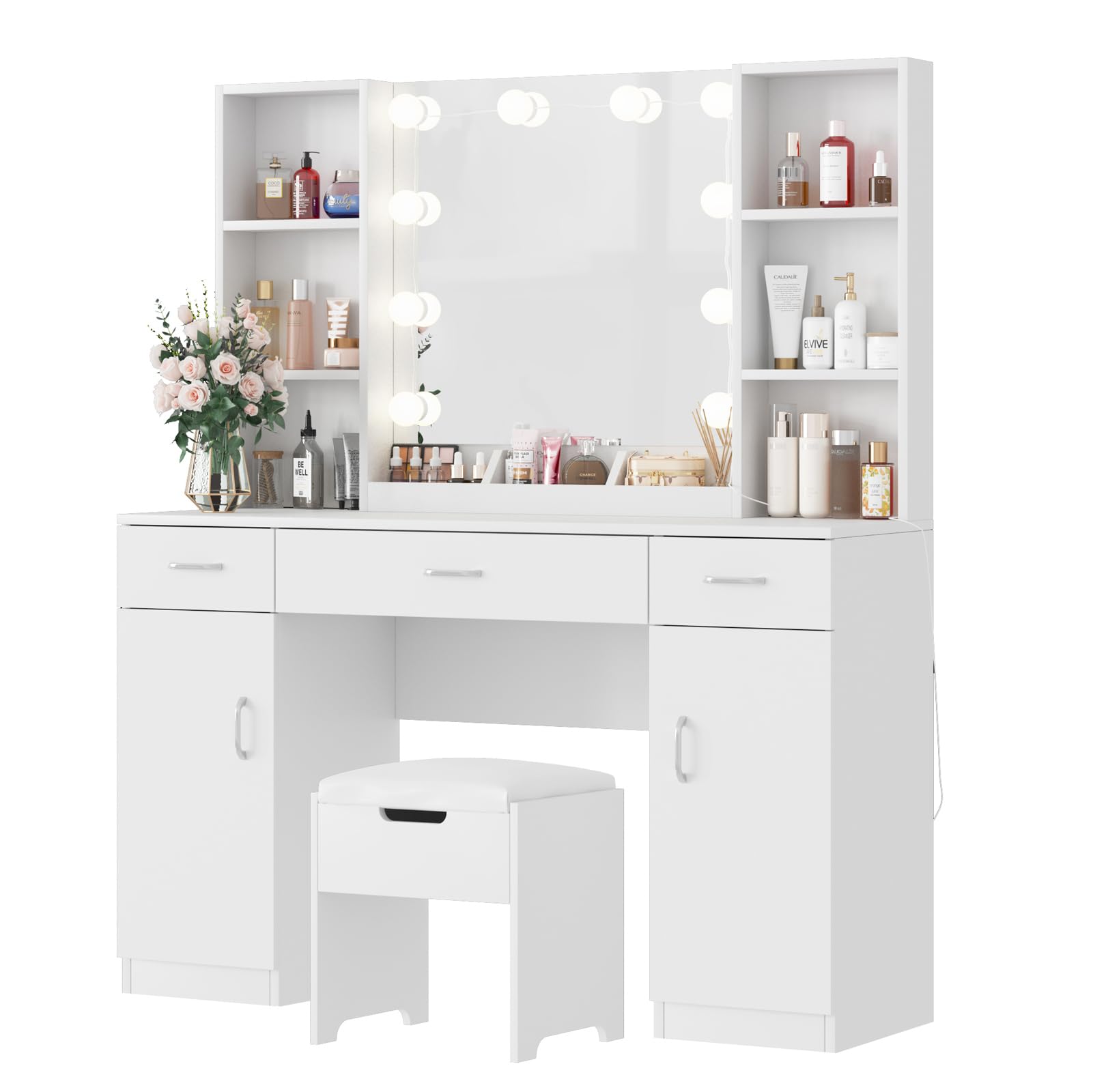 Vabches Lighted Vanity Mirror Makeup Desk Set with Comfortable Bench & Side Cabinets - 45.2 Inch White Vanity Table with Ample Storage Space | Perfect for Bedroom, Dressing Room & Beauty Salon Organization
