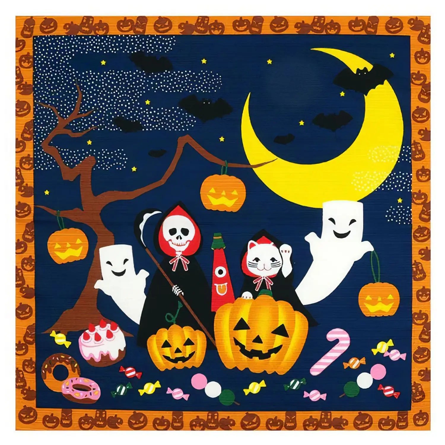 Maeda Senko Japanese Cotton Furoshiki Bento Lunch Wrapping Cloth - Halloween Themed Eco-Friendly Gift Wrap & Picnic Accessory for Bento Boxes, Books, and DIY Crafts