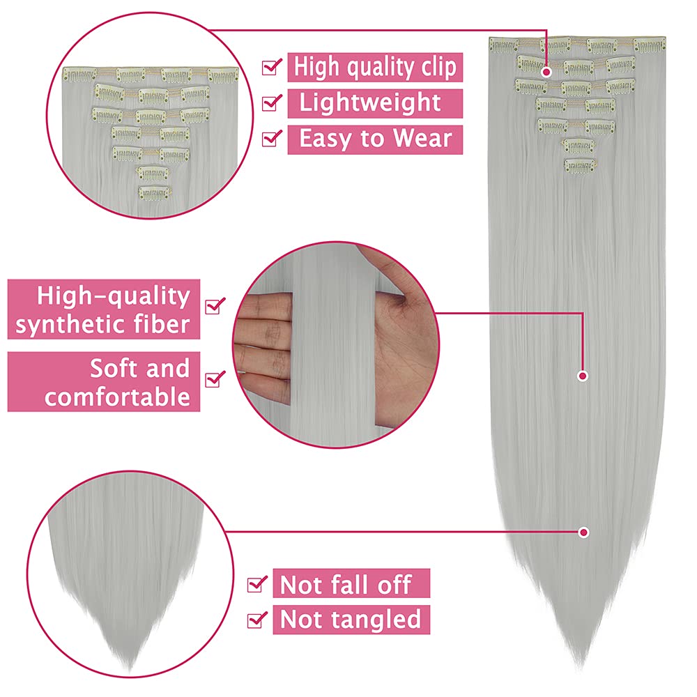 7Pcs 16 Clips 23 Inch Long Straight Full Head Clip-in Double Weft Hair Extensions for Women - Silver Grey | Natural-Looking Volume & Length for Daily Wear, Parties & Special Occasions