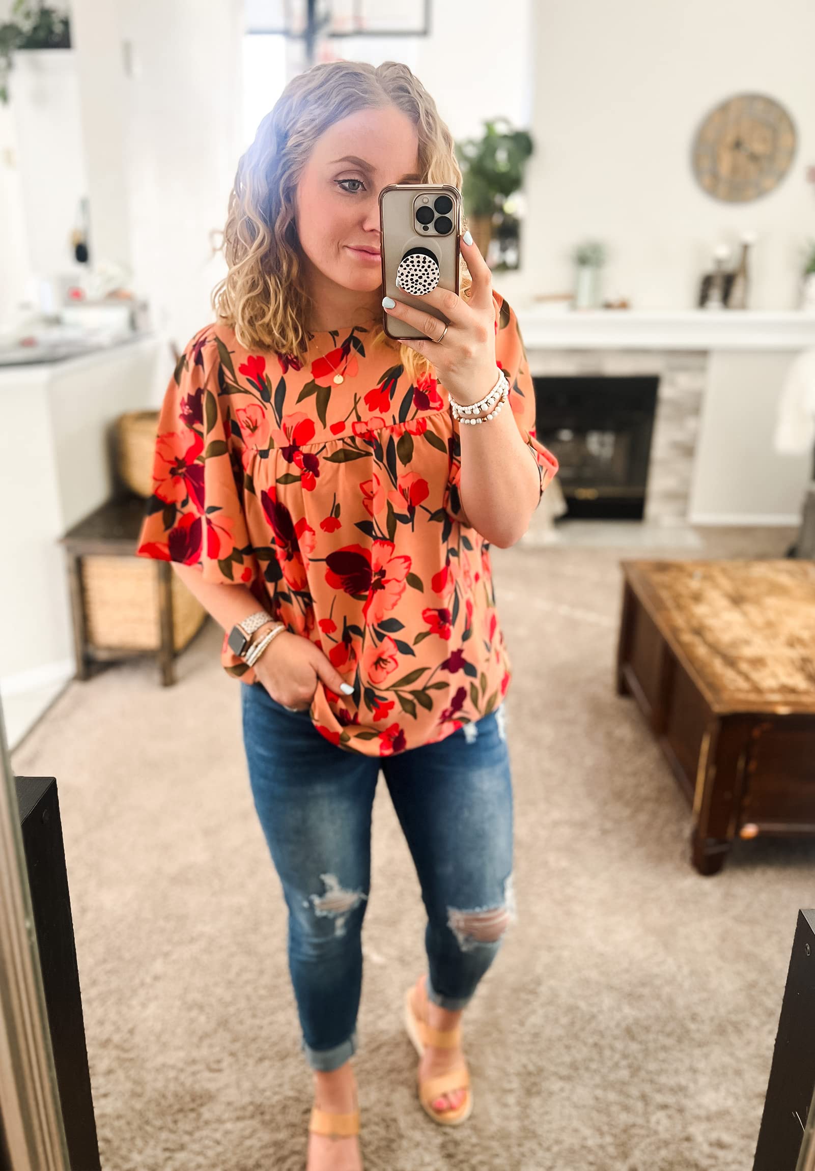 Luvamia 2024 Women's Floral Boho Blouses - Dressy Casual Babydoll Tops with Short Bell Sleeves | Summer Flowy Shirts for Beach, Party & Office Wear