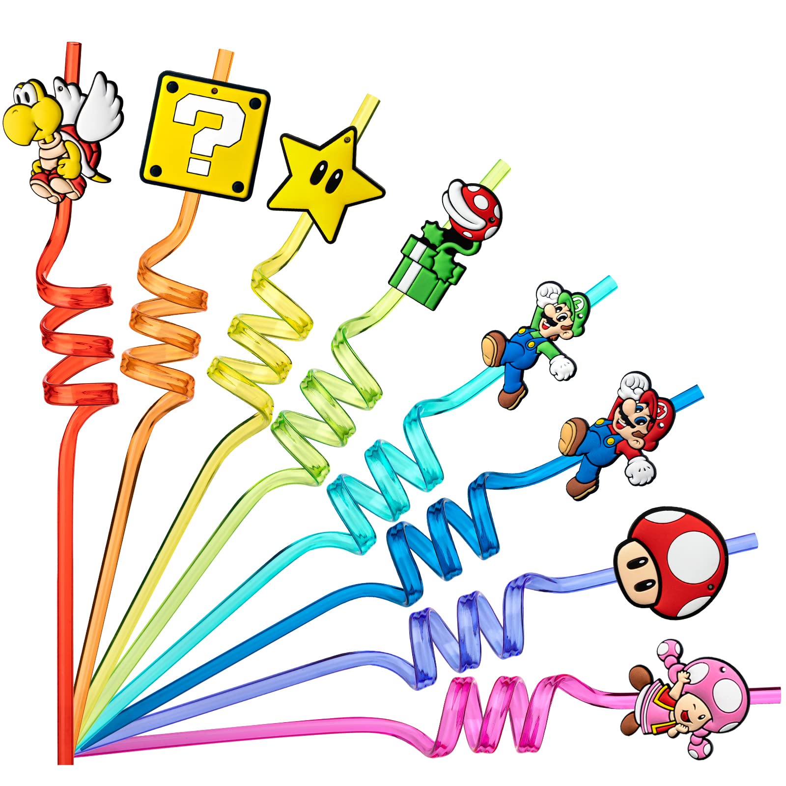 24Pcs Mario Party Straws - 8 Designs with Cleaning Brush for Kids Birthday Party