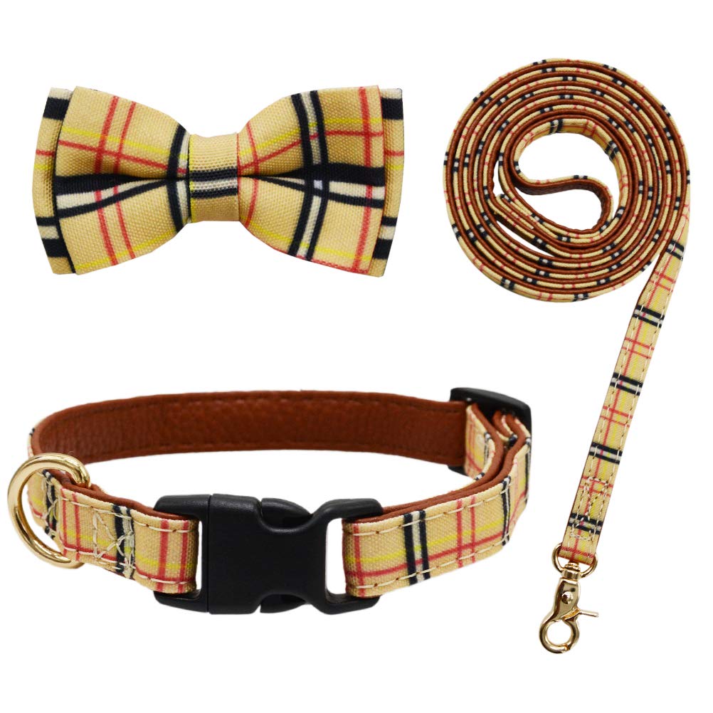 Classic Plaid Adjustable Dog Collar and Leash Set with Removable Bow Tie for Small, Medium & Large Dogs - Perfect for Pet Weddings, Parties & Daily Walks