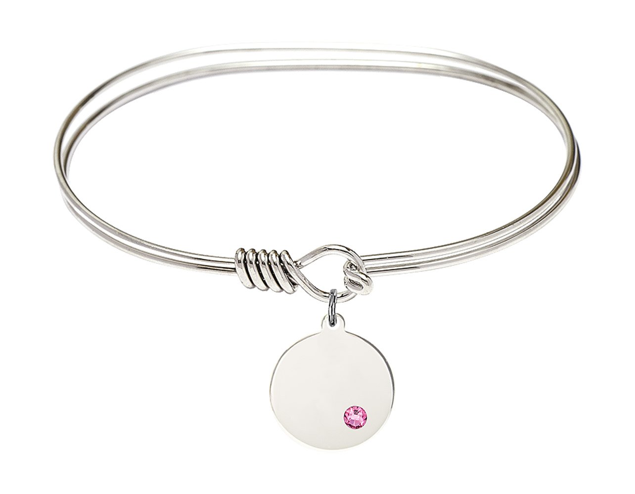 7 Inch Oval Eye Hook Bangle Bracelet with Plain Disc Charm & Rose Crystal - Elegant Jewelry for Women, Perfect for Parties, Weddings and Daily Wear