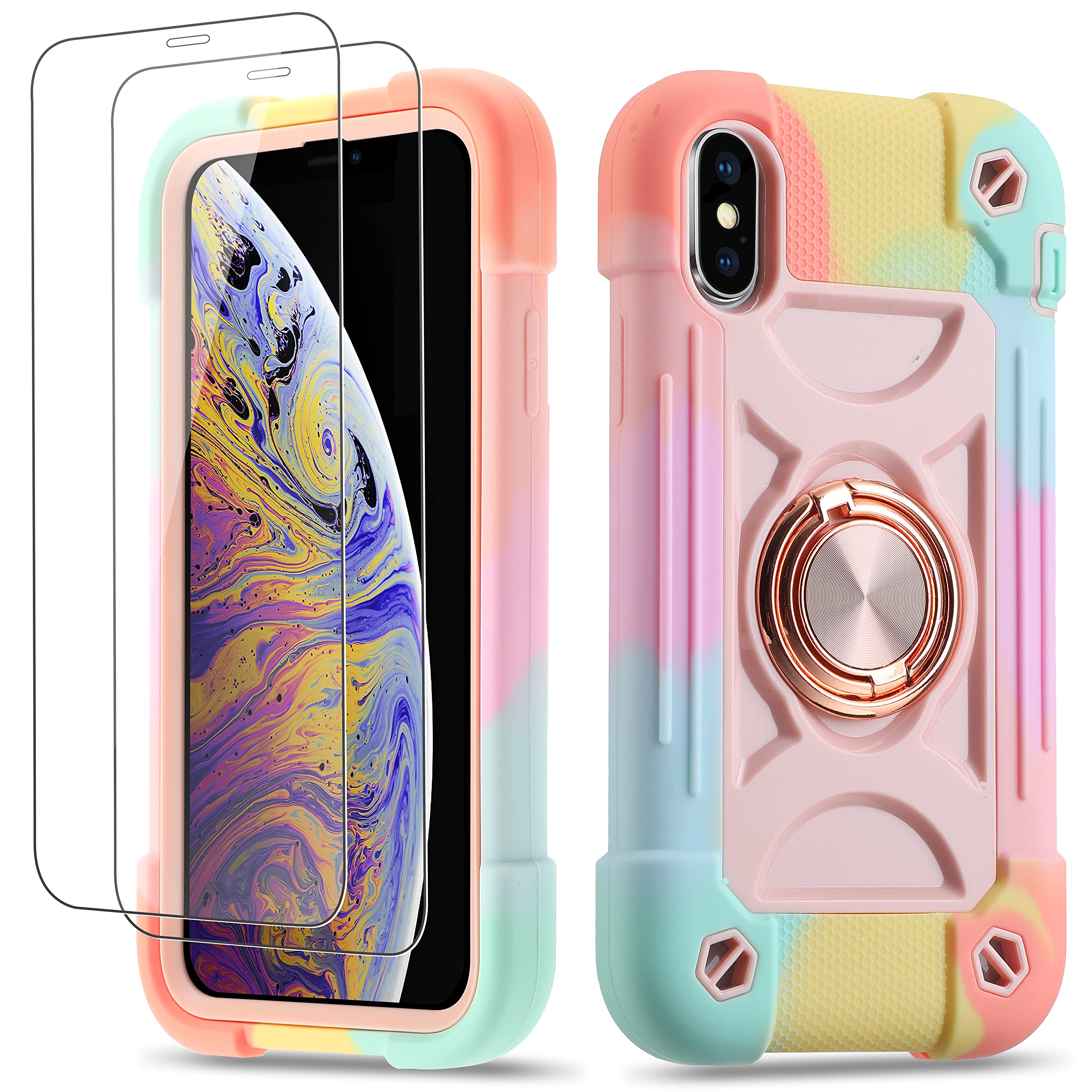 Premium iPhone Xs Max Case 6.5 Inch with Ring Stand & 2 Pack Tempered Glass Screen Protector - Military Grade Shockproof Rugged Cover with Magnetic Car Mount (Rainbow Pink) - Perfect for Outdoor Activities, Travel & Daily Protection