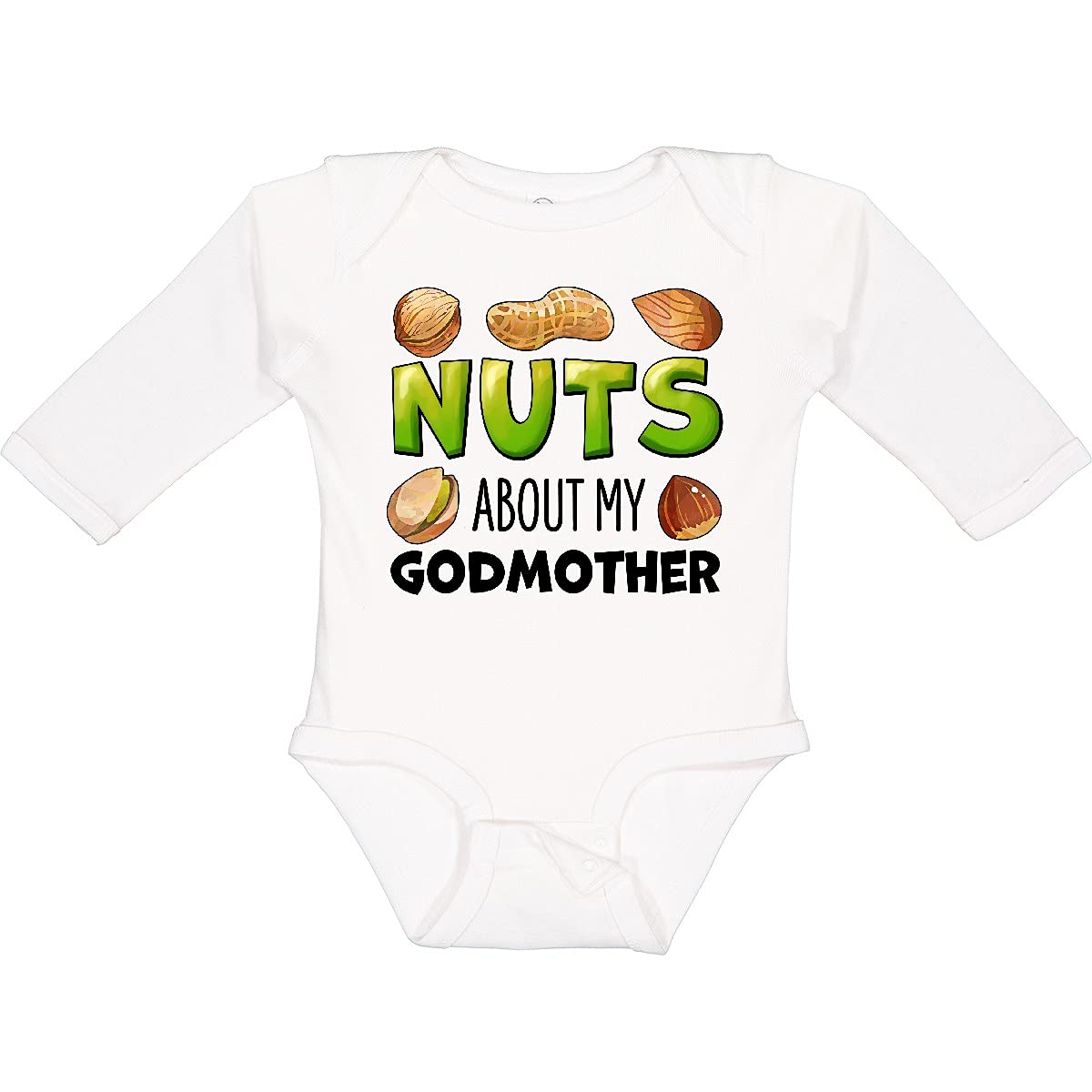 Inktastic Nuts About My Godmother - Peanut, Almond, Pistachio Print Baby Long Sleeve Bodysuit | Cute Infant Outfit for Family Photos & Holiday Gifts