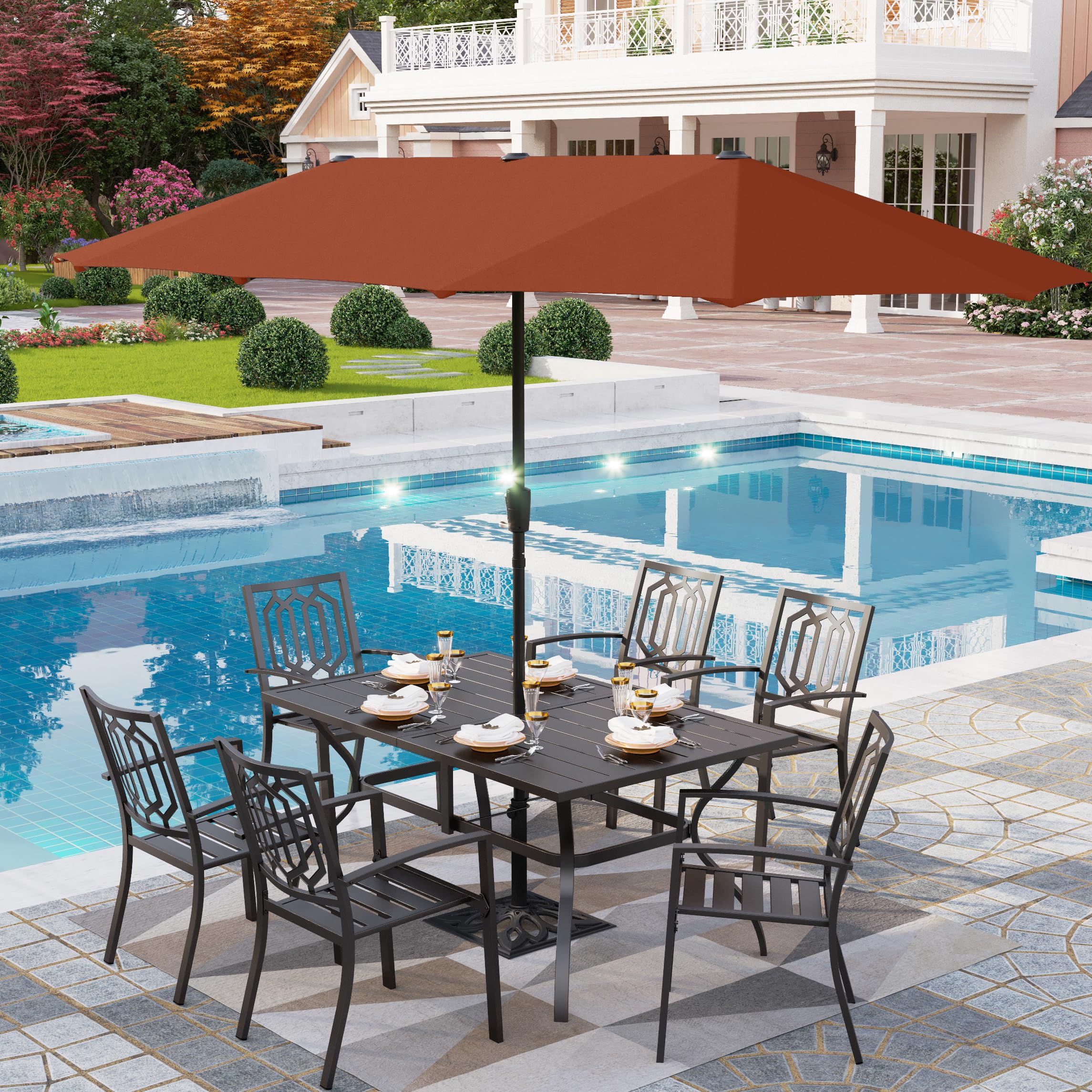 PHI VILLA 8-Piece Outdoor Patio Dining Set with 13ft Double-Sided Sun Umbrella (Orange Red) - 6 Stackable Metal Chairs & 60