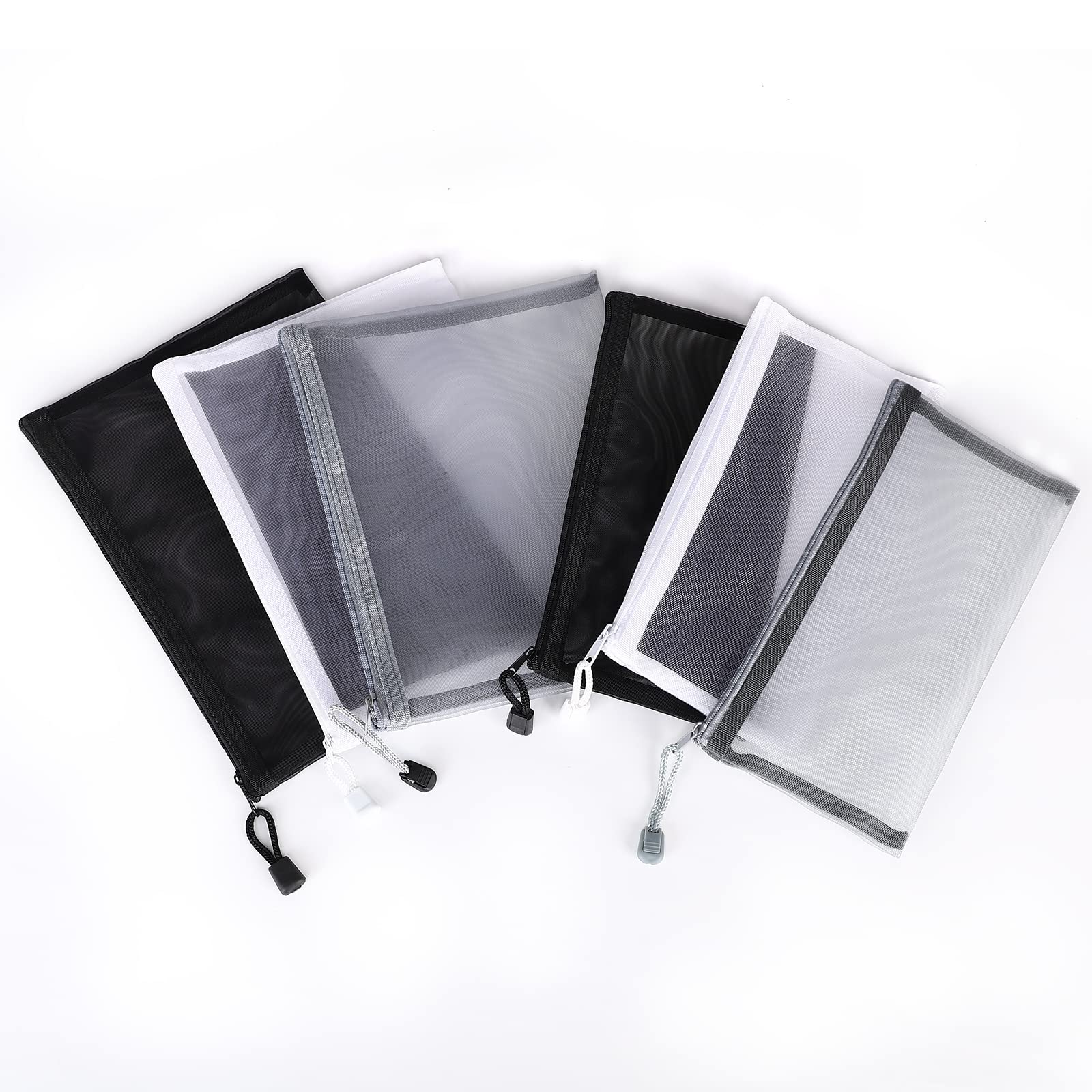 12-Piece Nylon Mesh Zipper Pouch Set - A5 & B6 Sizes, Black/White/Grey - Multipurpose Cosmetic Bags, Makeup Organizers, Pencil Cases & Travel Accessories for School, Office & Vacation Essentials - Perfect for Toiletry Kits, Art Supplies Storage & Travel Organization