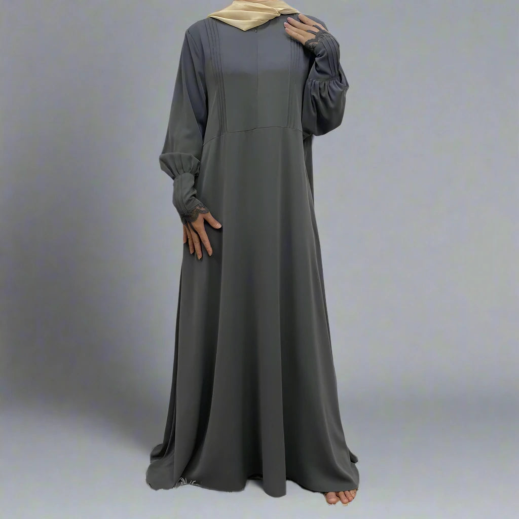 Elegant Front Zipper Lace Sleeve Muslim Abaya Dress for Women - Modest Islamic Prayer Dress for Mosque, Eid & Special Occasions