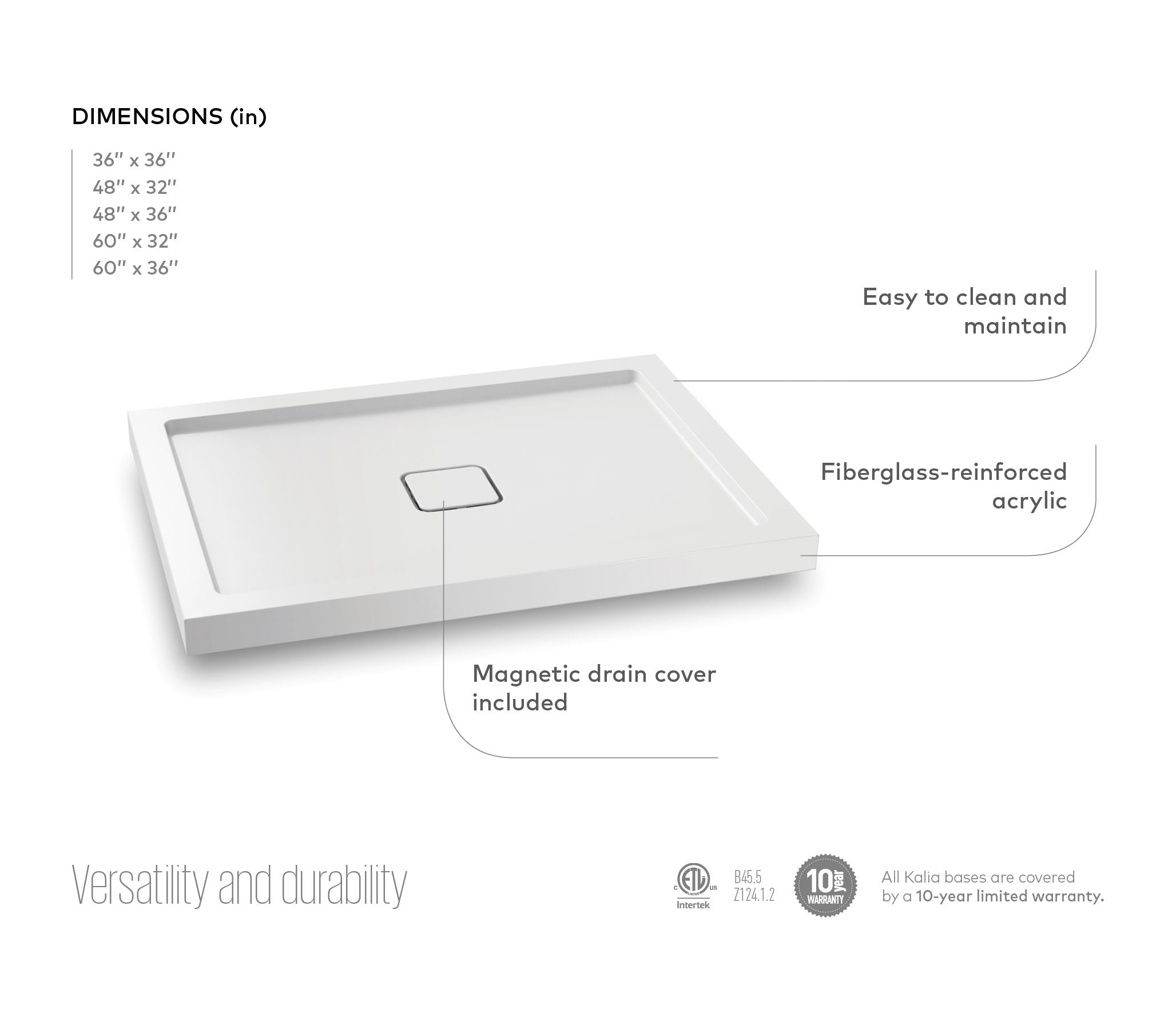 KALIA KOVER 48” x 32” Rectangular Acrylic Shower Base with Right Drain - Corner Installation for Bathroom Remodel | Durable & Waterproof Shower Pan for Modern Homes