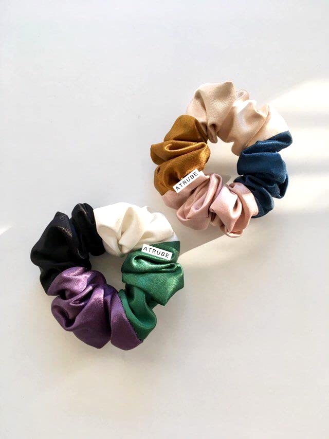 Atrube's 3-Pack Silk Satin Scrunchies for Women & Girls - Soft Hair Ties for Thick Hair - Luxurious Hair Accessories Gift Set (Multicolor Candy) - Perfect for School, Work, Gym & Everyday Styling