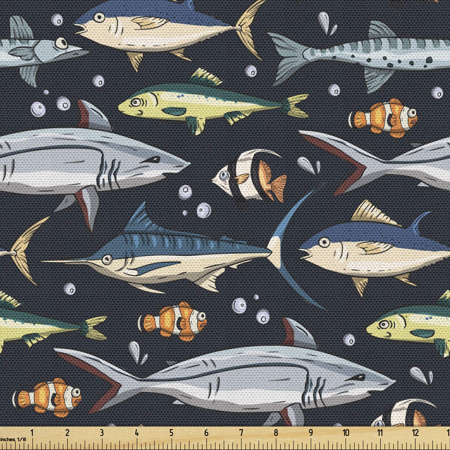 Ambesonne Nautical Fabric by The Yard - Ocean Fish & Bubble Pattern Marine Decor Fabric for Upholstery, Curtains, Pillows | 10 Yards Multicolor Waterproof Material | Perfect for Beach House Decor, Coastal Living Room, Nautical Bedroom Themes