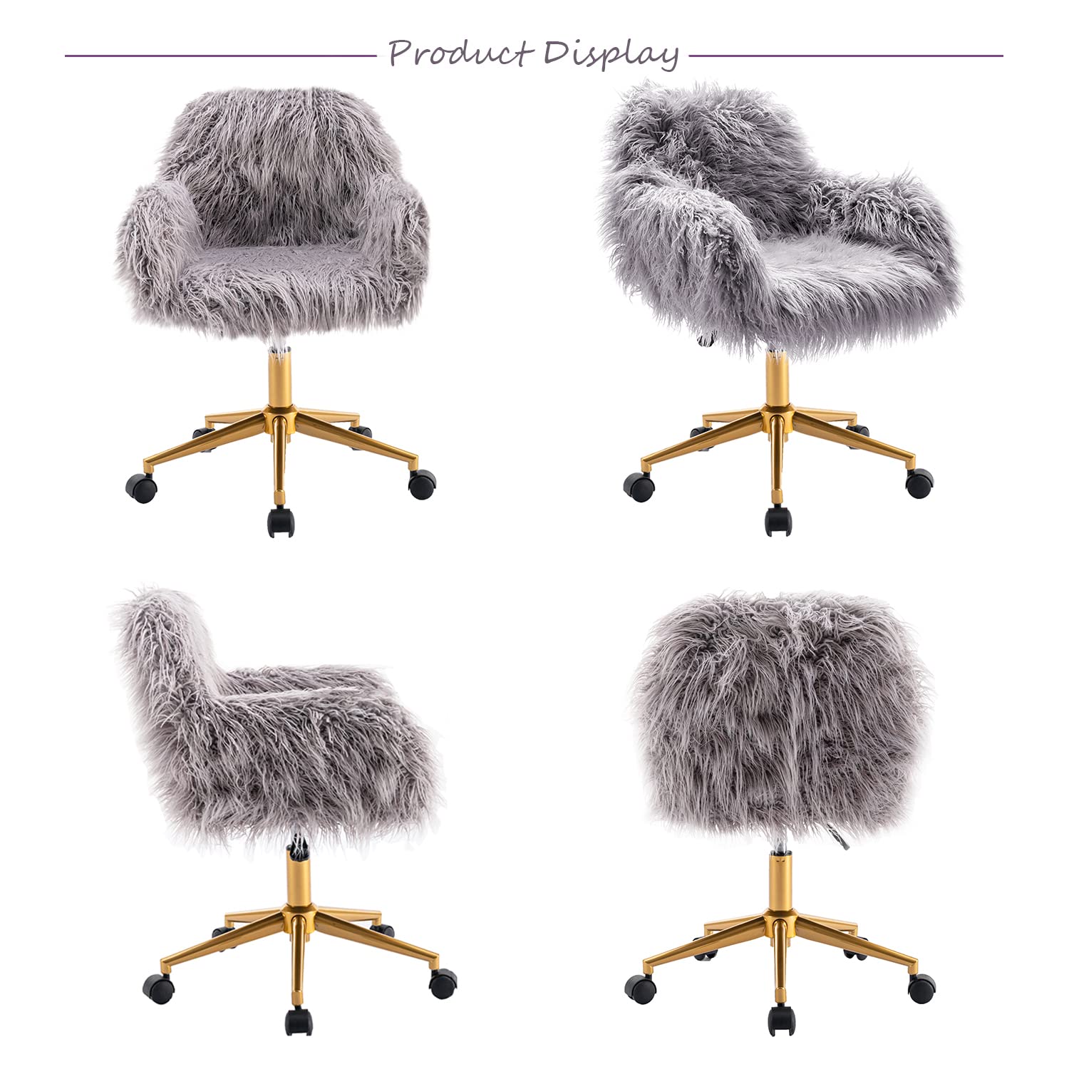 HomVent Faux Fur Office Chair with Wheels & Armrest - Modern Vanity Makeup Chair for Women, Girls Bedroom, Living Room & Home Office - Soft Grey Accent Chair for Working, Studying & Beauty Routines