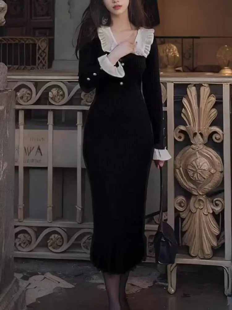 2024 Autumn Winter Vintage Patchwork Elegant Single Breasted Knit Long Sleeve Dress for Women | Holiday Party, Date Night & Formal Occasions | Slim Fit Ruffles Fishtail Design