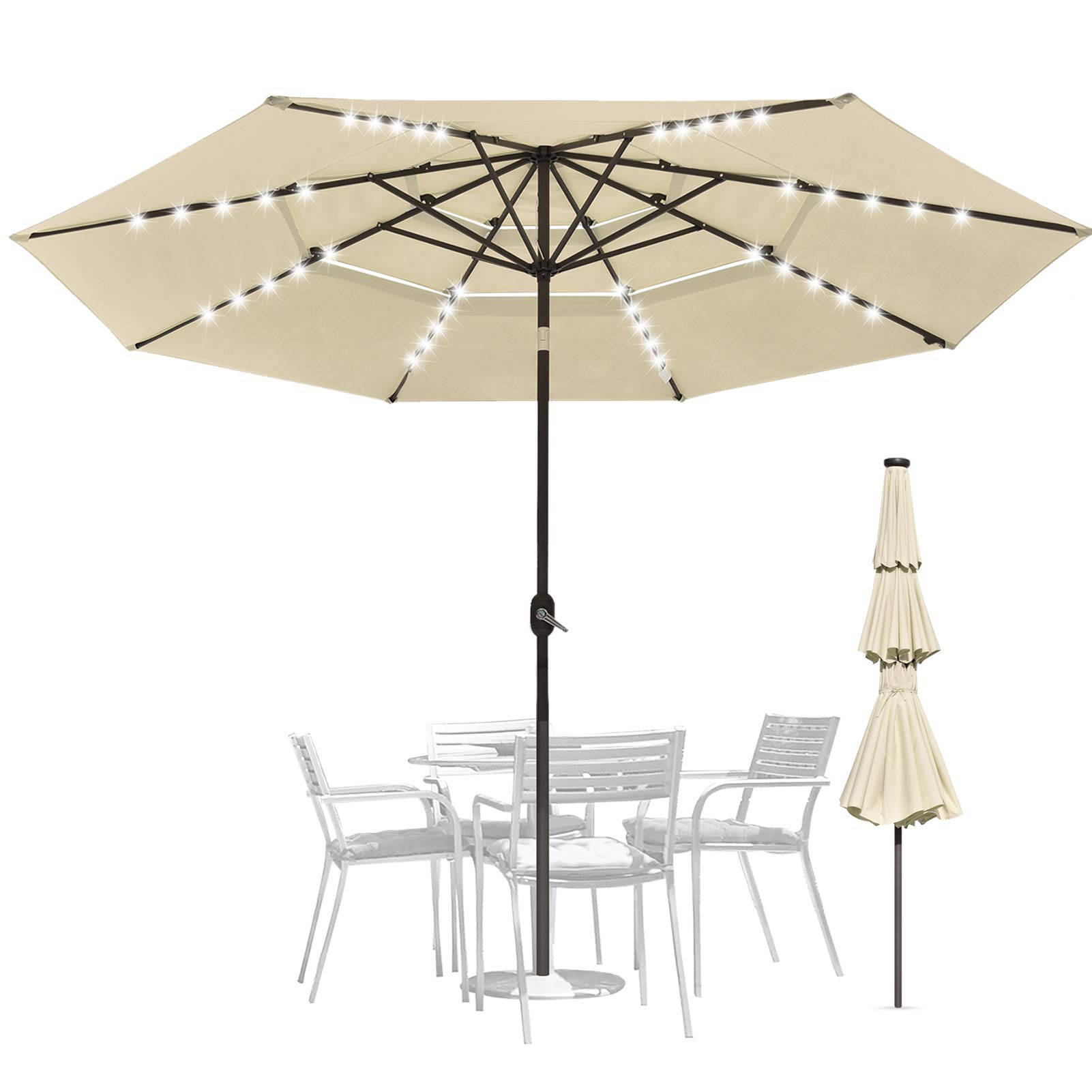11 ft 3-Tier Outdoor Patio Umbrella with 40 Solar LED Lights & Tilt Function - Perfect for Backyard, Garden, Poolside and Outdoor Dining Areas