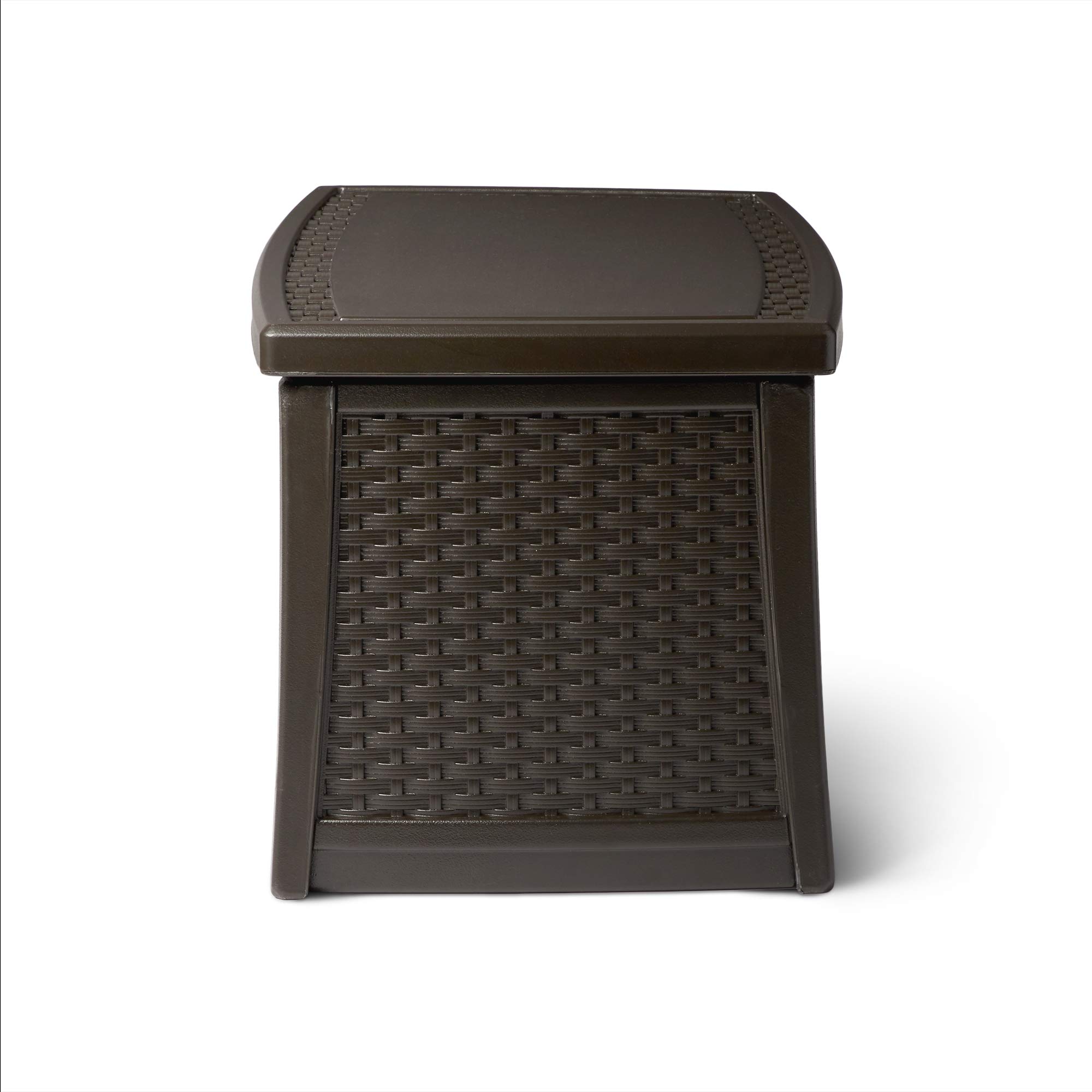 Suncast 30 Gallon Resin Outdoor Patio End Table with Storage - Weatherproof Java Brown Deck Box for Cushions, Pillows & Garden Tools - Perfect for Backyard, Poolside & Patio Furniture Organization