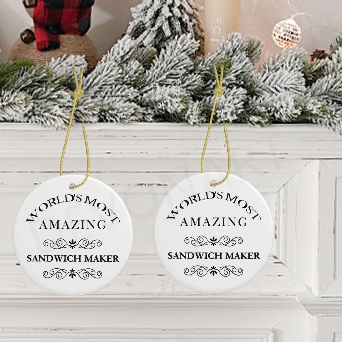 Funny 3'' Round Ceramic Sandwich Maker Ornament - Two-Sided Printed Christmas Tree Hanging Decor for Sandwich Lovers | Perfect Christmas Gift for Chefs & Job Pride | Kitchen-Themed Holiday Decoration for Home, Office & Christmas Tree