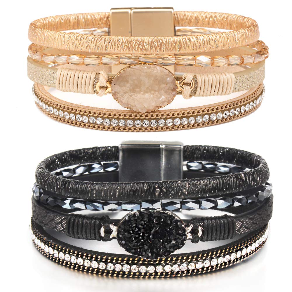 Handmade Leather Wrap Bracelet with Crystal Beads & Magnetic Clasp - Boho Cuff Bracelet for Women & Teens (7.7