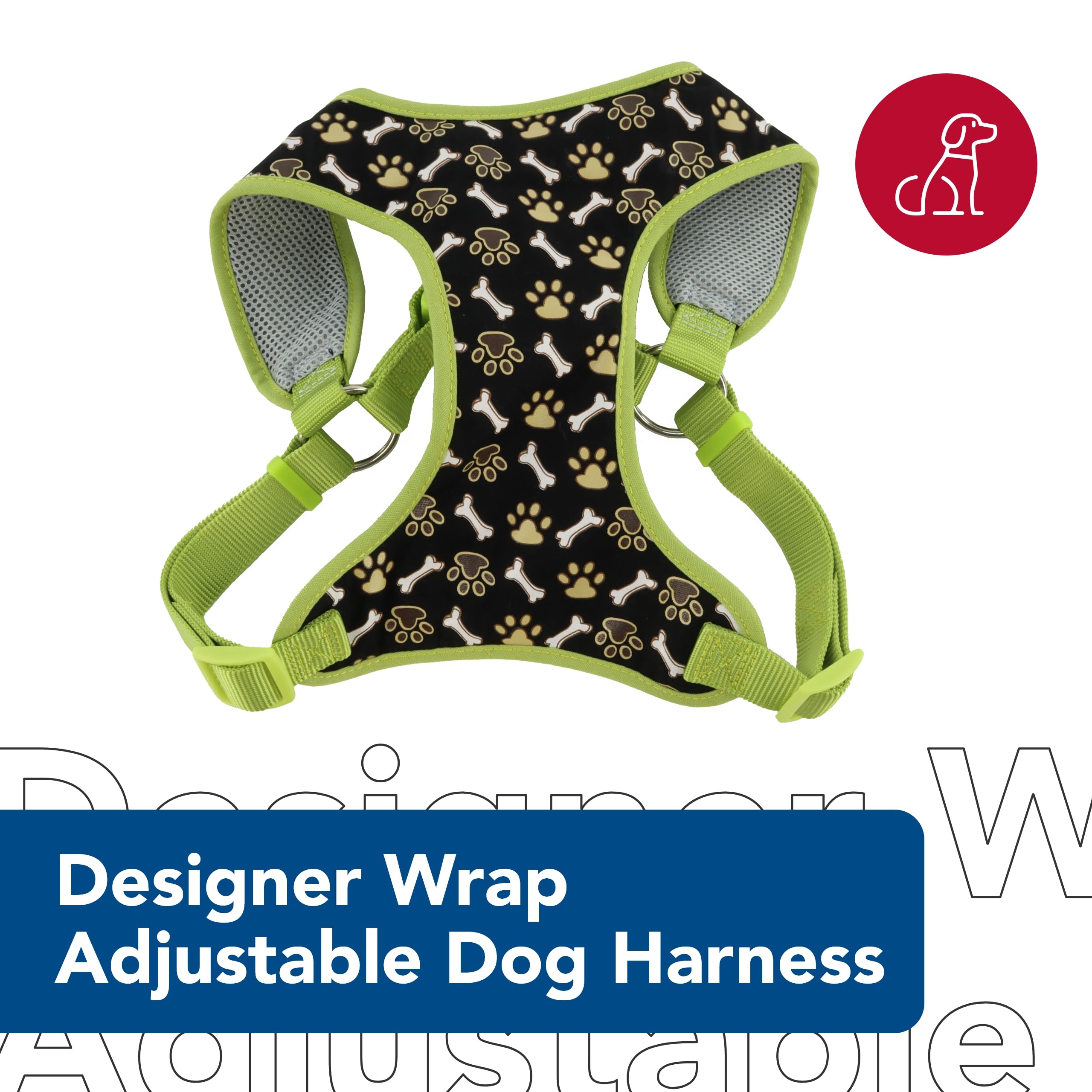 **Coastal Pet Adjustable Dog Harness - Breathable Mesh Ribbon Wrap for Small & Large Dogs - Brown Paws & Bones Design (5/8