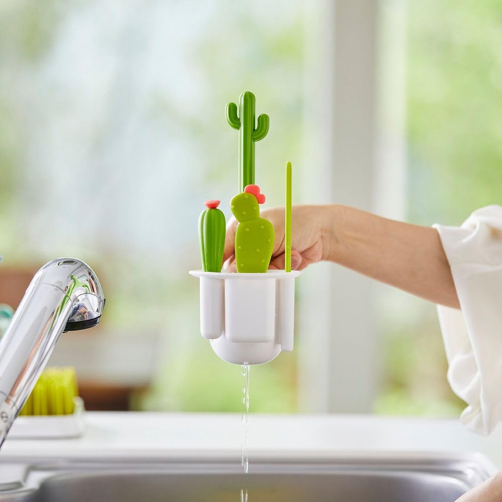 Boon Cacti Baby Bottle Cleaning Brush Set - 4-Piece Kit with Bottle Brush, Nipple Brush, Detail Brush & Straw Brush - Perfect for Drying Rack & Sterilizer - Essential Newborn Feeding Accessories for Breastmilk & Formula Bottles