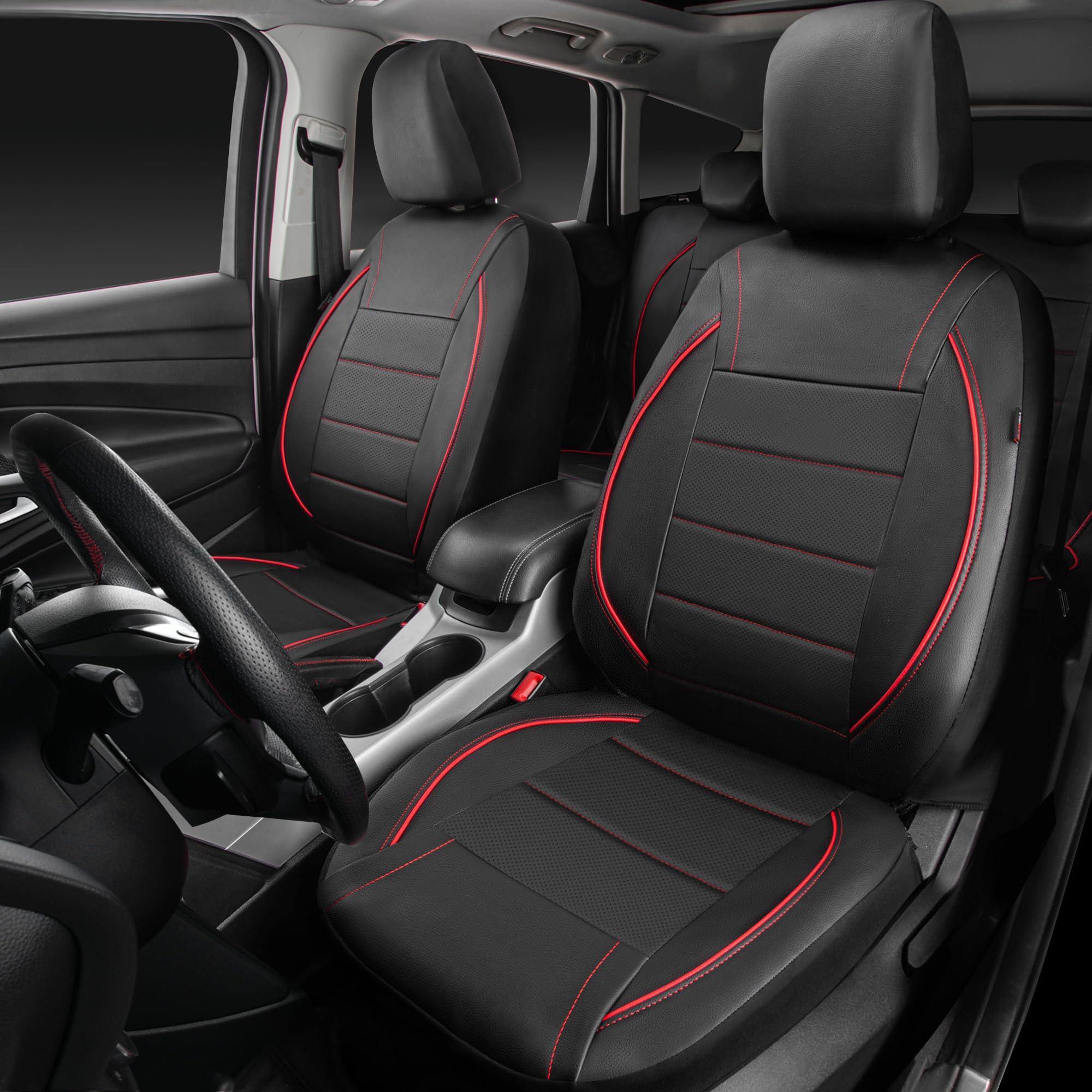 Universal Fit Leather Car Seat Covers - CAR PASS Piping Design for SUVs, Vans & Trucks | Airbag Compatible with Inside Zipper & Reserved Holes | Full Set Black & Red | Perfect for Road Trips & Daily Commute