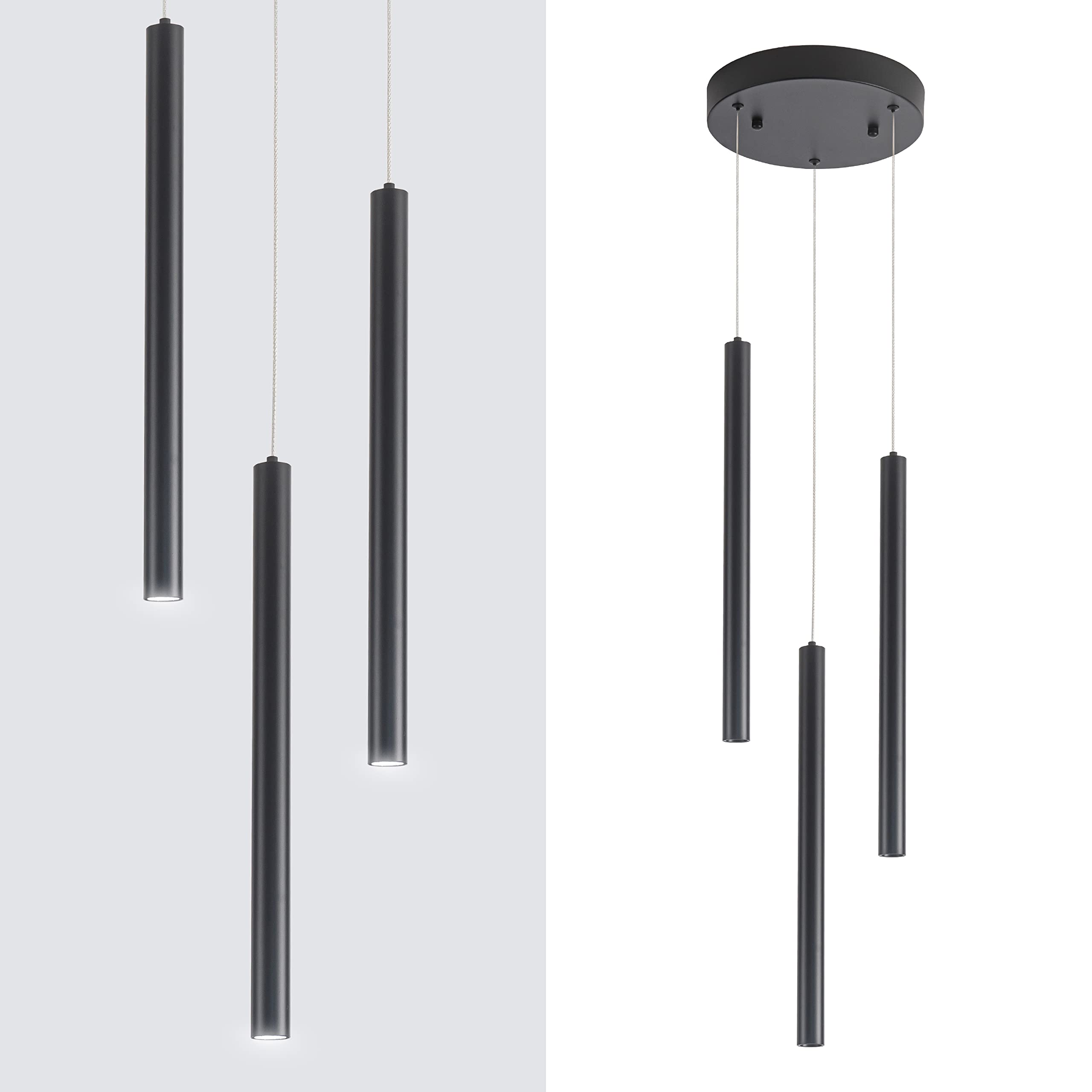 Modern 3-Light Cluster Pendant Lighting Fixture - Dimmable LED Ceiling Hanging Light for Kitchen Island, Dining Room & Bar (6000K Cool White, Black) - Perfect for Contemporary Home Decor & Restaurant Lighting
