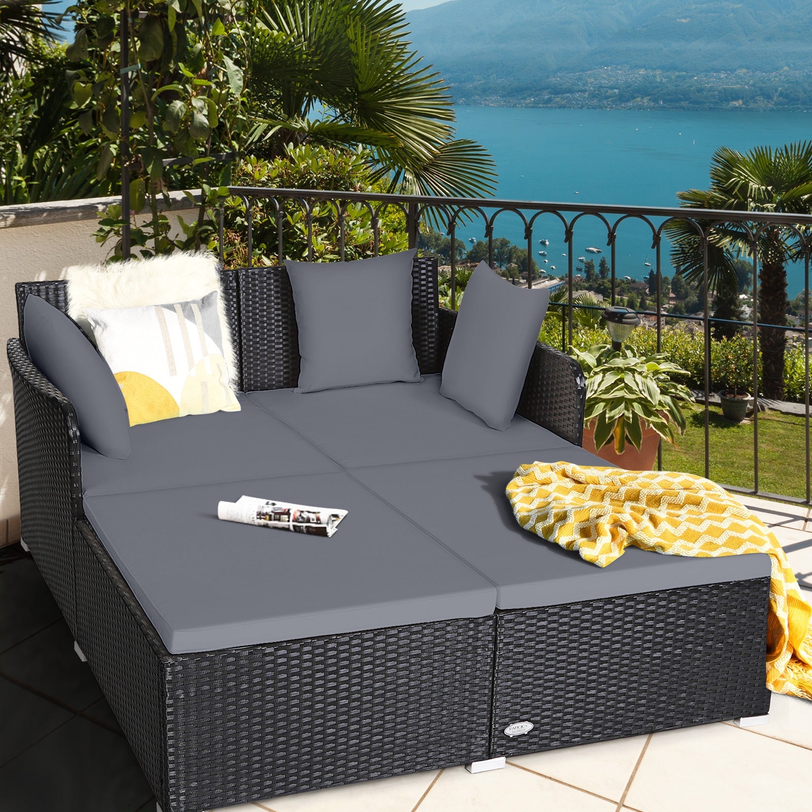 Premium Outdoor Rattan Daybed with Comfortable Upholstered Cushions & Pillows - Gray Patio Furniture for Poolside Lounging, Garden Relaxation, and Backyard Decor