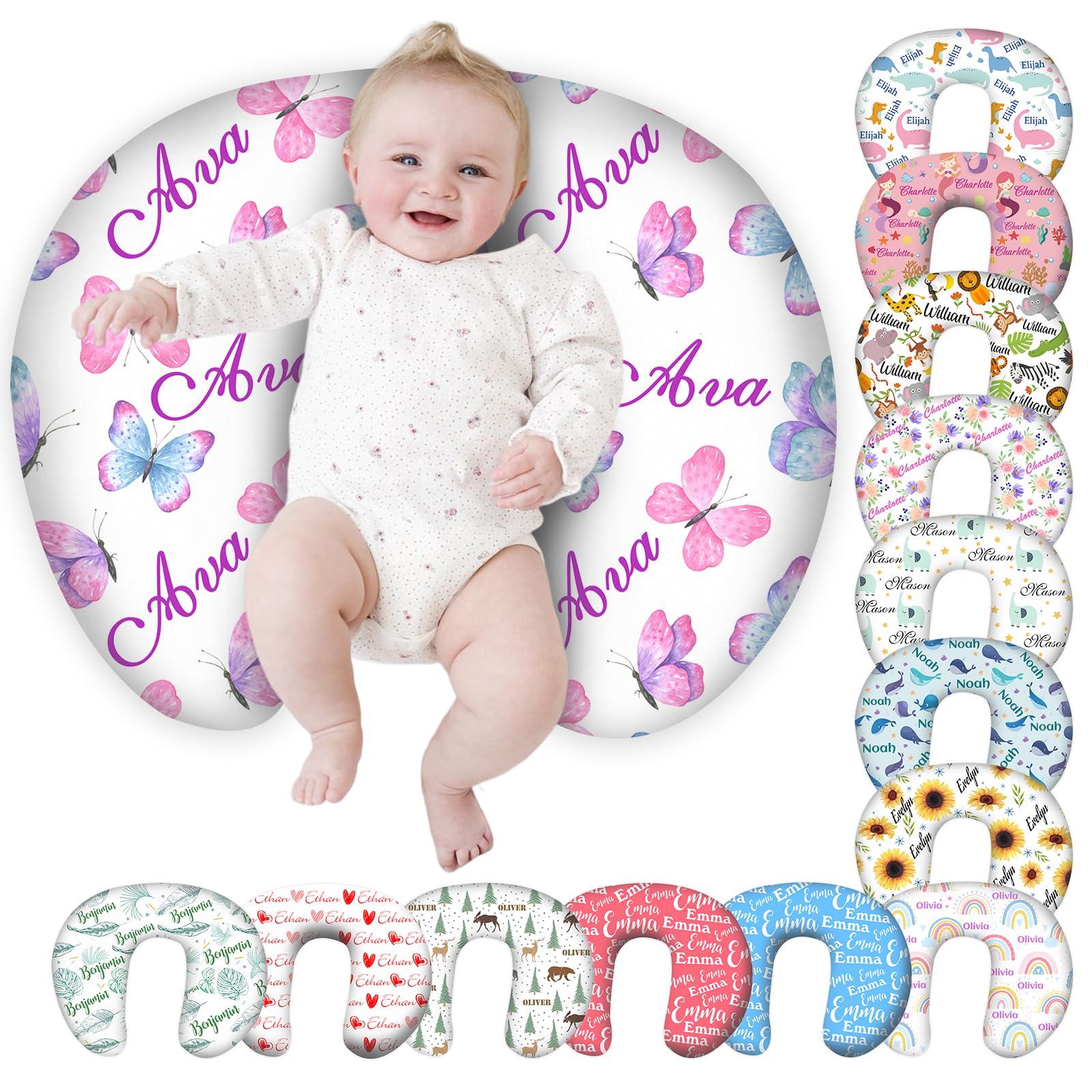 Custom Baby Nursing Pillow Cover with Name - Butterfly Theme Personalized Gift for Boys & Girls | Newborn Essentials, Baby Shower Present, Breastfeeding Support