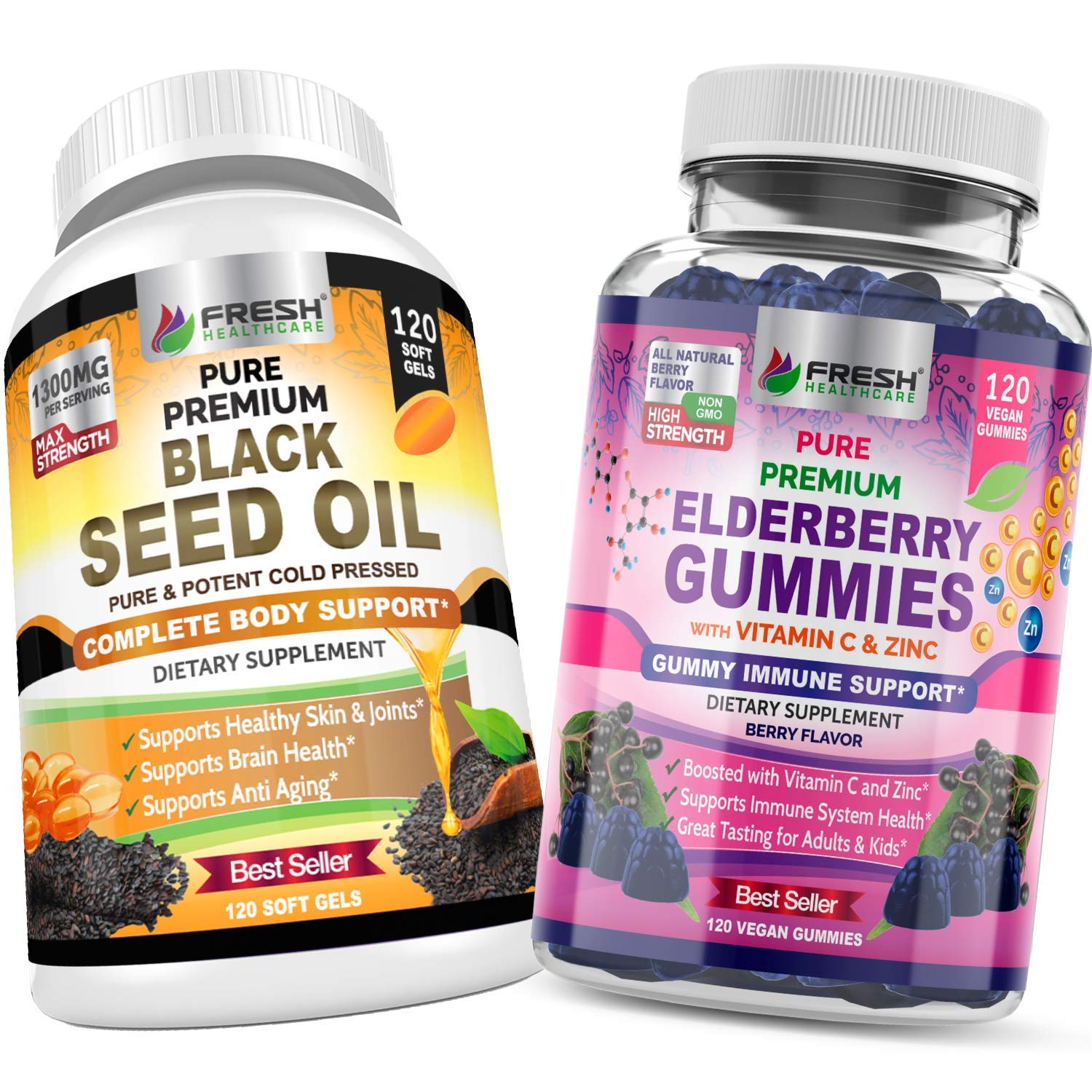 Premium Black Seed Oil & Elderberry Gummies Bundle - Immune Support Supplement for Adults & Kids - Boost Wellness for Cold Season, Travel & Daily Health