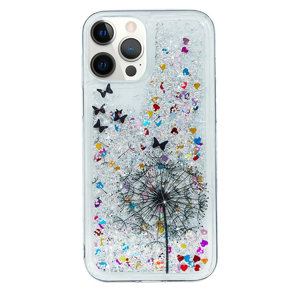 Glitter Liquid Case for iPhone 13 Pro Max - Sparkle Sequin Floating Quicksand Transparent TPU Shockproof Protective Cover - Dandelion Design - Perfect for Parties, Nightlife & Everyday Protection