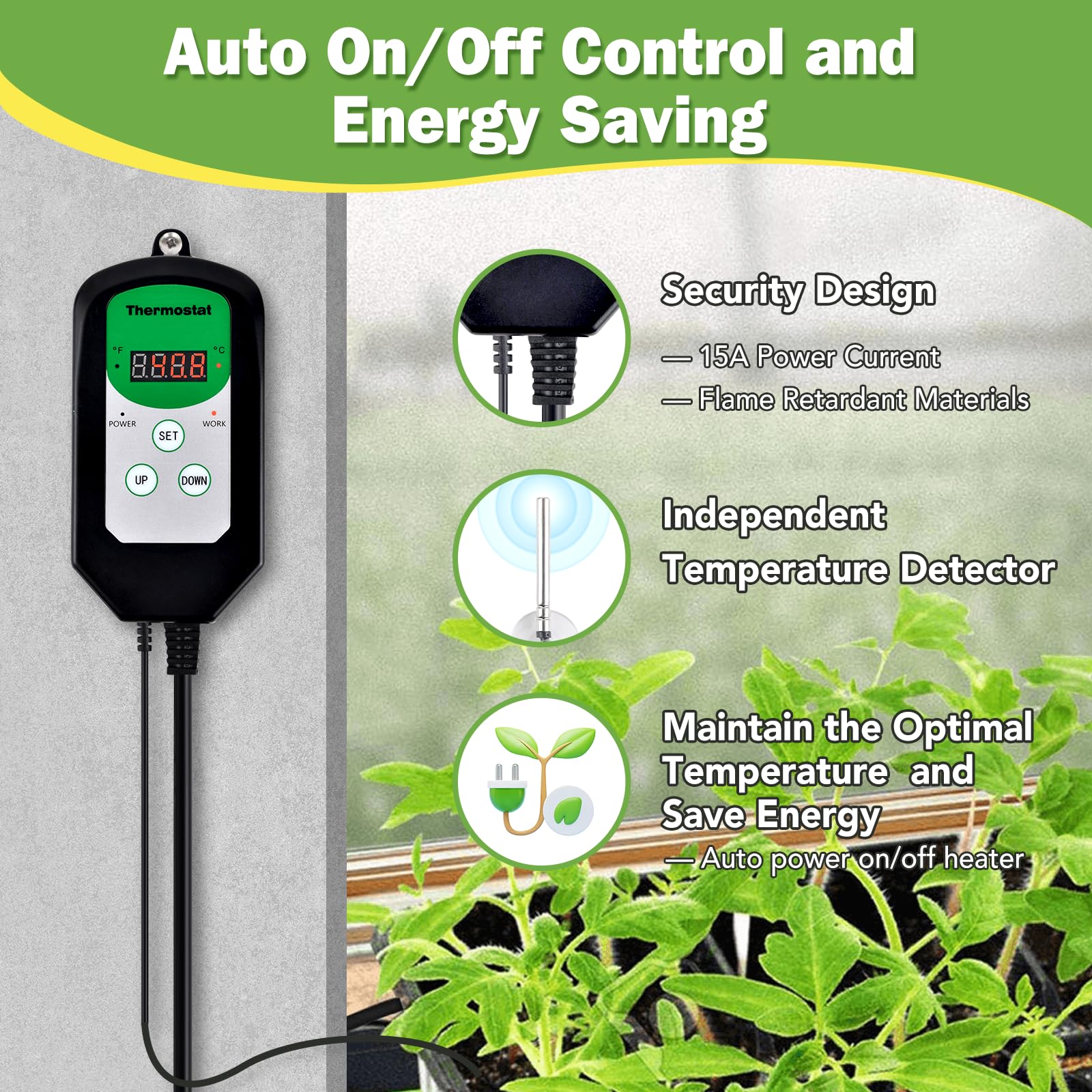 Digital Greenhouse Heater with Thermostat - Auto Power Control & Temperature Display - Fast Heating for Winter Plants - Overheat Protection - Ideal for Grow Tents, Greenhouses, Flower Rooms & Patios - Perfect for Indoor Gardening & Winter Plant Care