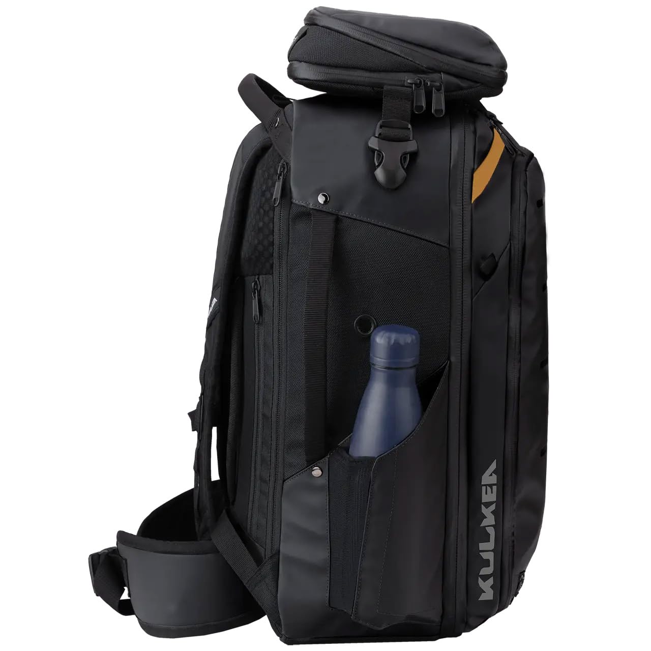 40L Travel Backpack - Waterproof Carry On Backpack with Detachable Organizer & Magnetic Bottle Pocket - Laptop & Passport Compartment - Convertible Ski Boot Bag for Air Travel, Hiking, Snowboarding (Black/Gold)